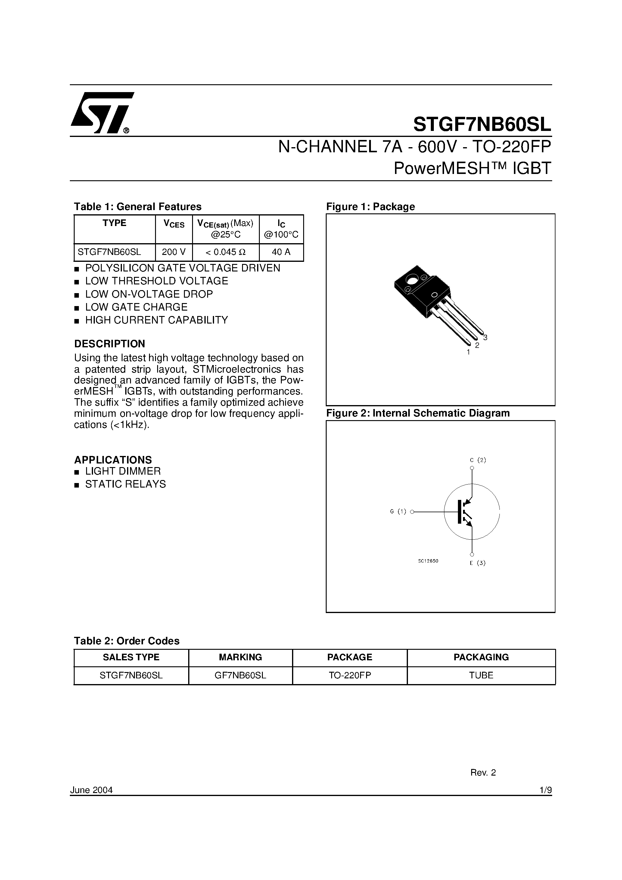 Datasheet STGF7NB60SL - N-CHANNEL 7A - 600V - TO-220FP PowerMESH IGBT page 1
