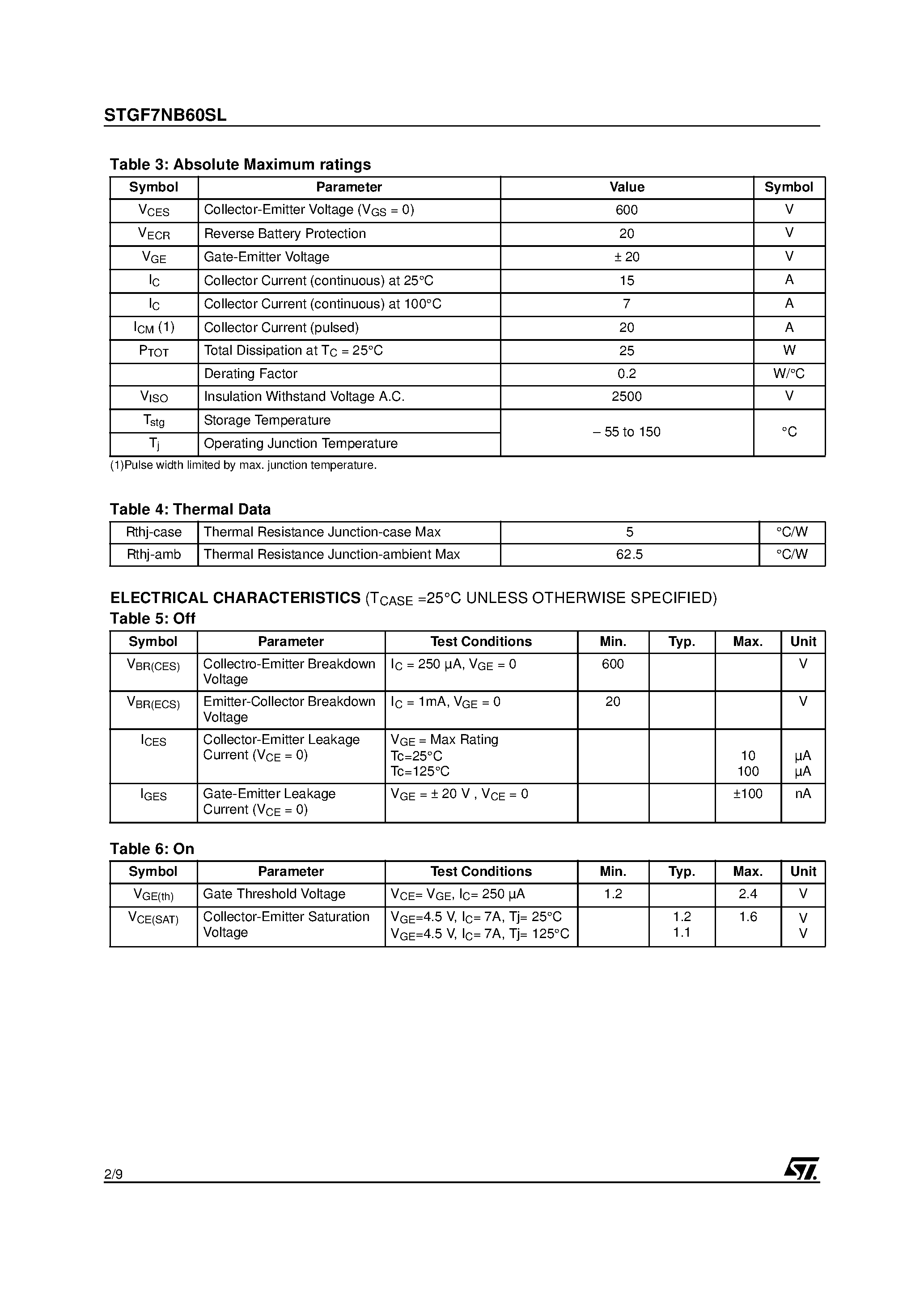 Datasheet STGF7NB60SL - N-CHANNEL 7A - 600V - TO-220FP PowerMESH IGBT page 2