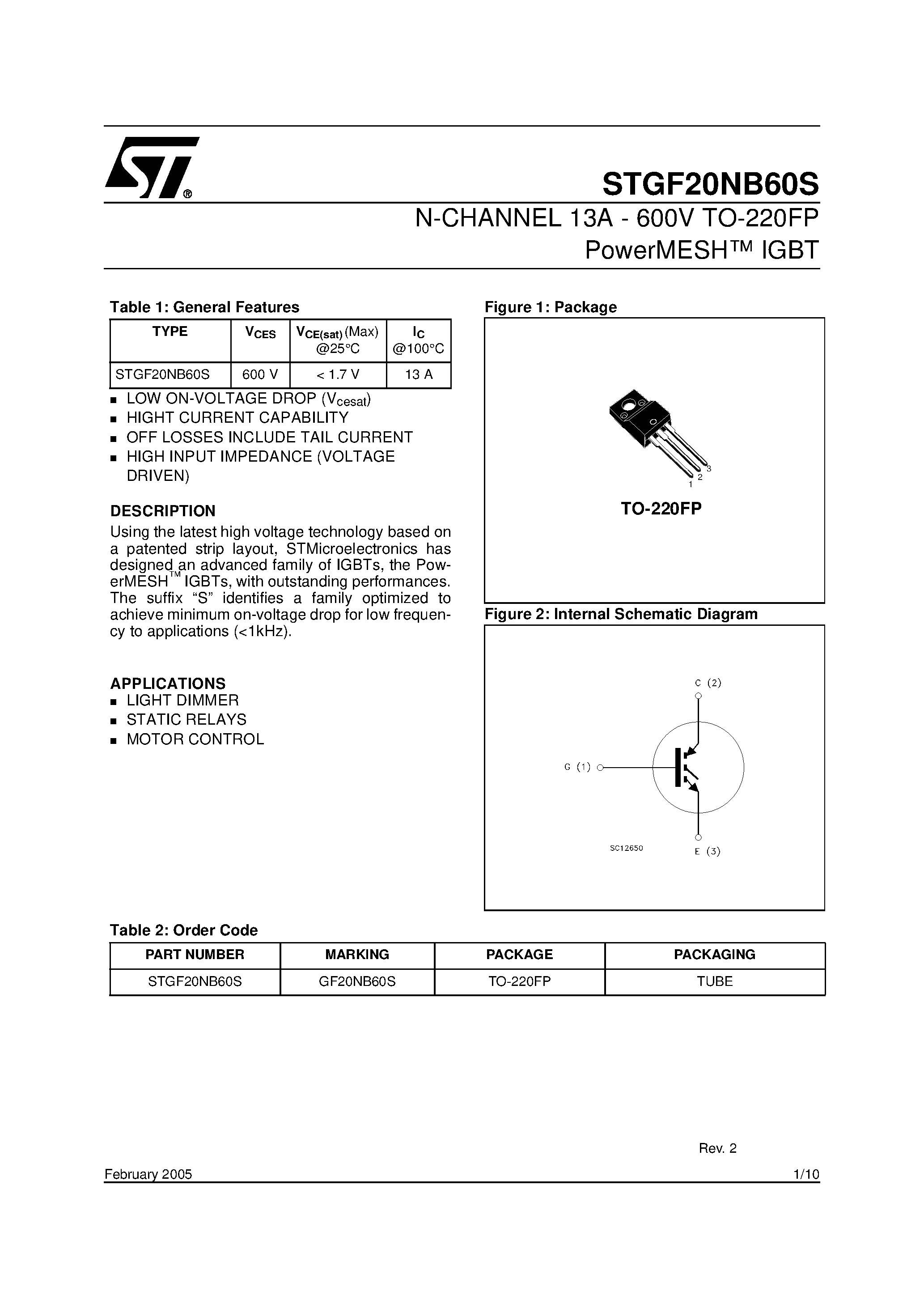 Datasheet STGF20NB60S - N-CHANNEL 13A - 600V TO-220FP PowerMESH IGBT page 1