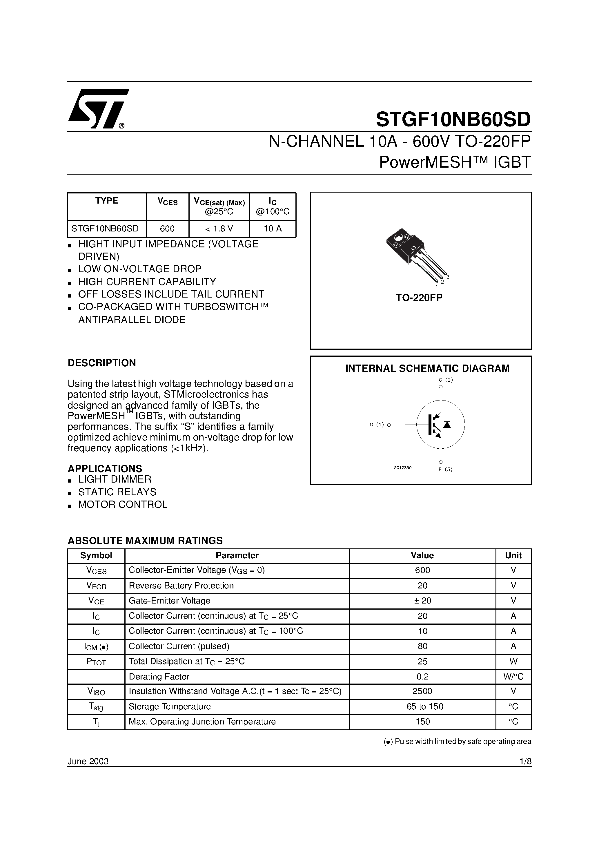 Datasheet STGF10NB60SD - N-CHANNEL 10A - 600V TO-220FP PowerMESH IGBT page 1