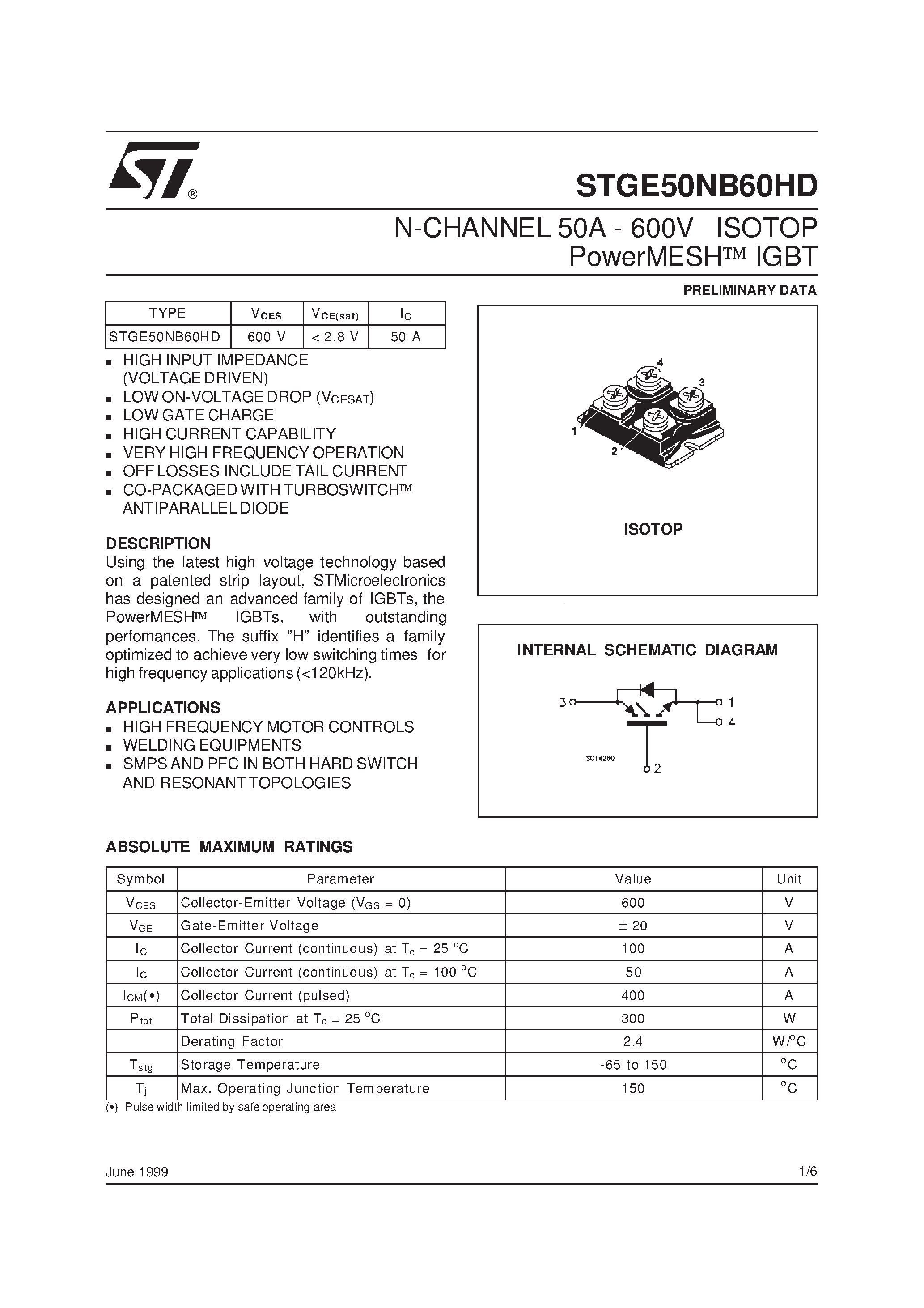 Datasheet STGE50NB60HD - N-CHANNEL 50A - 600V ISOTOP PowerMESH IGBT page 1