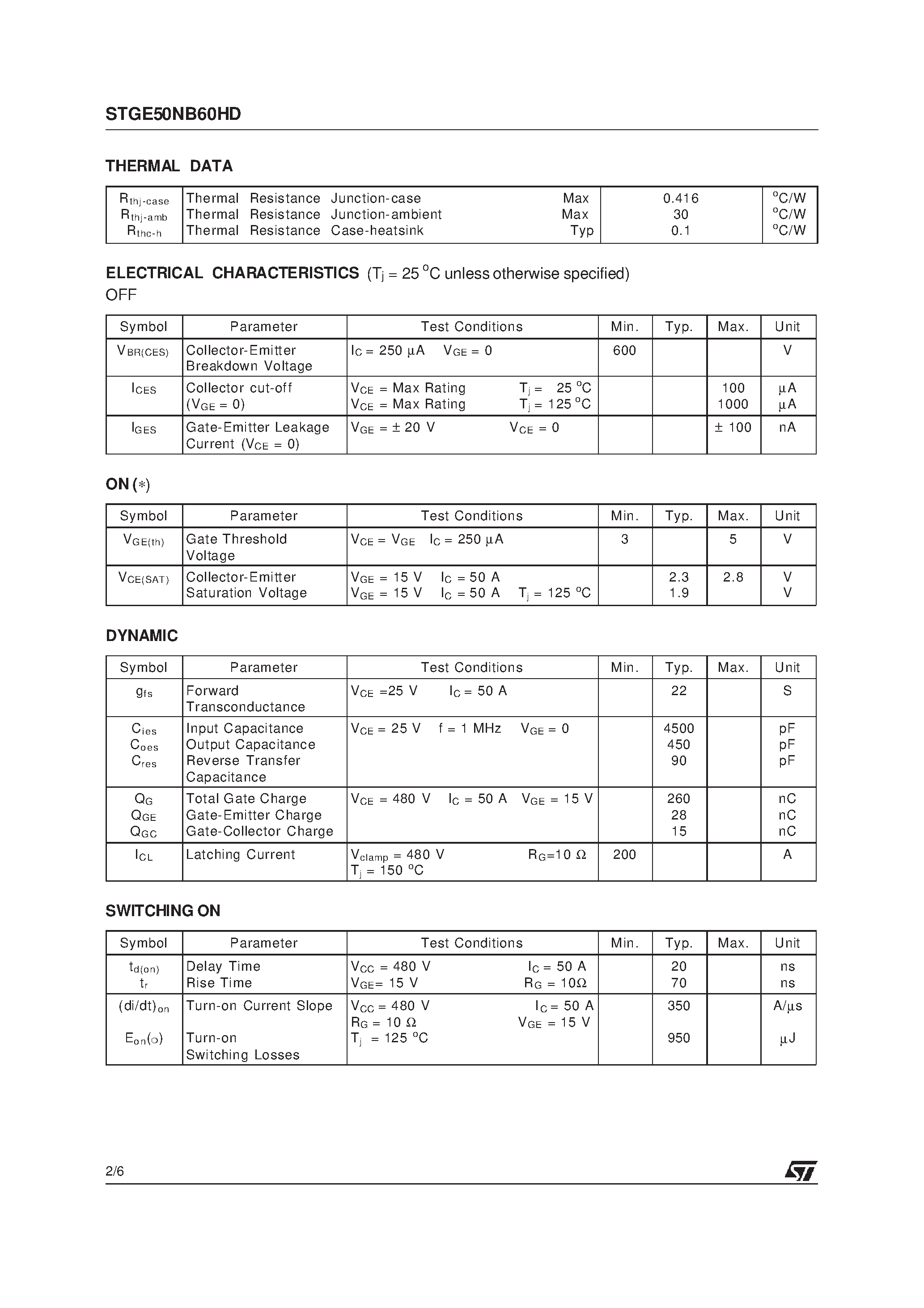Datasheet STGE50NB60HD - N-CHANNEL 50A - 600V ISOTOP PowerMESH IGBT page 2
