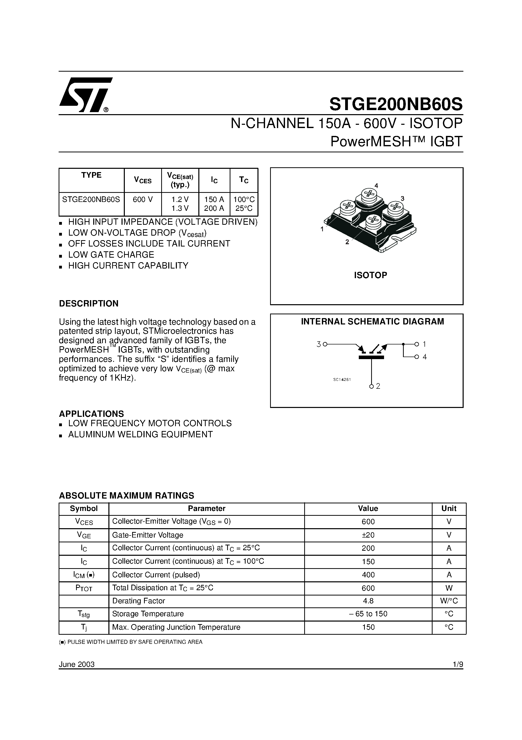 Datasheet STGE200NB60S - N-CHANNEL 150A - 600V - ISOTOP PowerMESH IGBT page 1