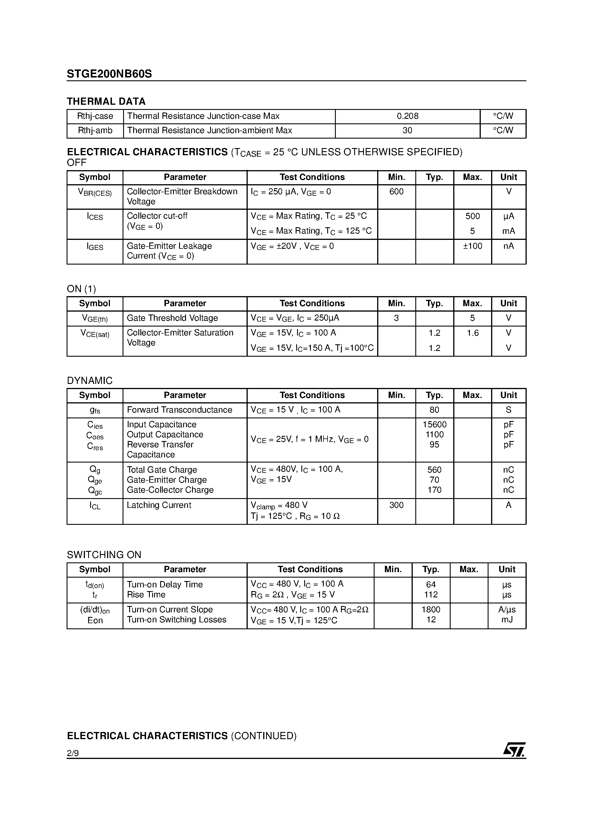 Datasheet STGE200NB60S - N-CHANNEL 150A - 600V - ISOTOP PowerMESH IGBT page 2