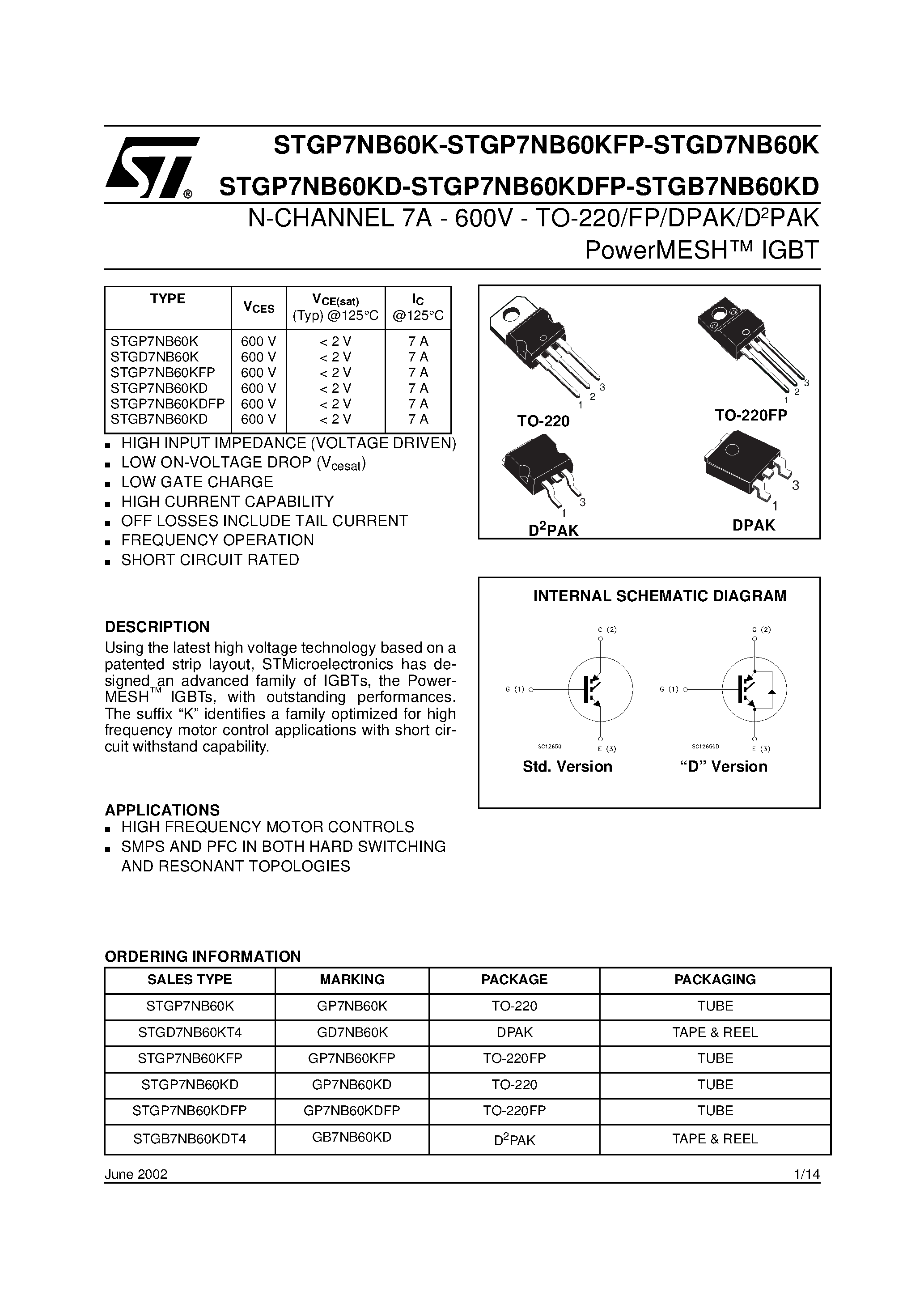 Datasheet STGB7NB60KD - (STGD7NB60K / STGP7NB60K / STGB7NB60KD) N-CHANNEL 7A - 600V - TO-220/FP/DPAK/D2PAK PowerMESH IGBT page 1