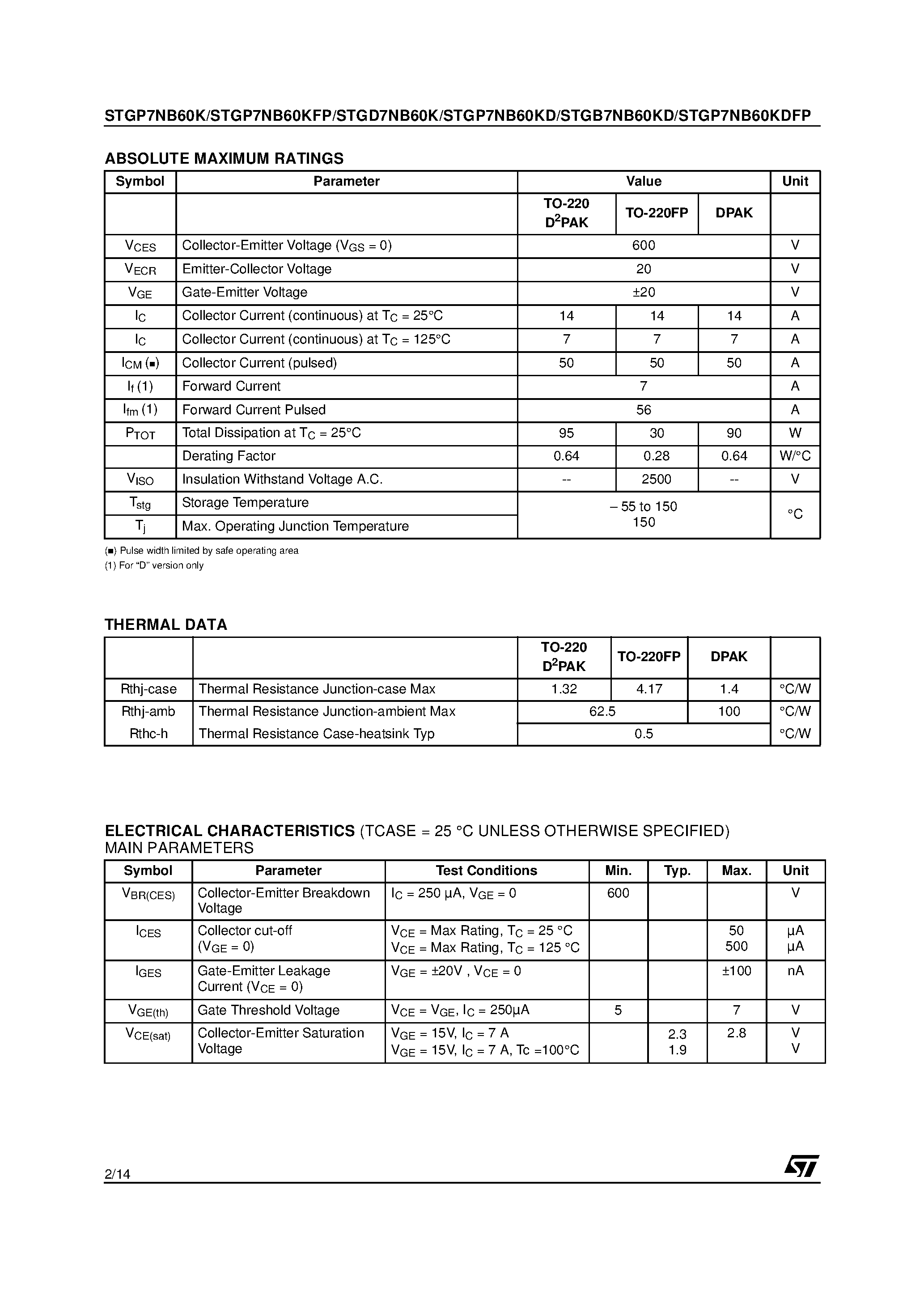 Datasheet STGB7NB60KD - (STGD7NB60K / STGP7NB60K / STGB7NB60KD) N-CHANNEL 7A - 600V - TO-220/FP/DPAK/D2PAK PowerMESH IGBT page 2