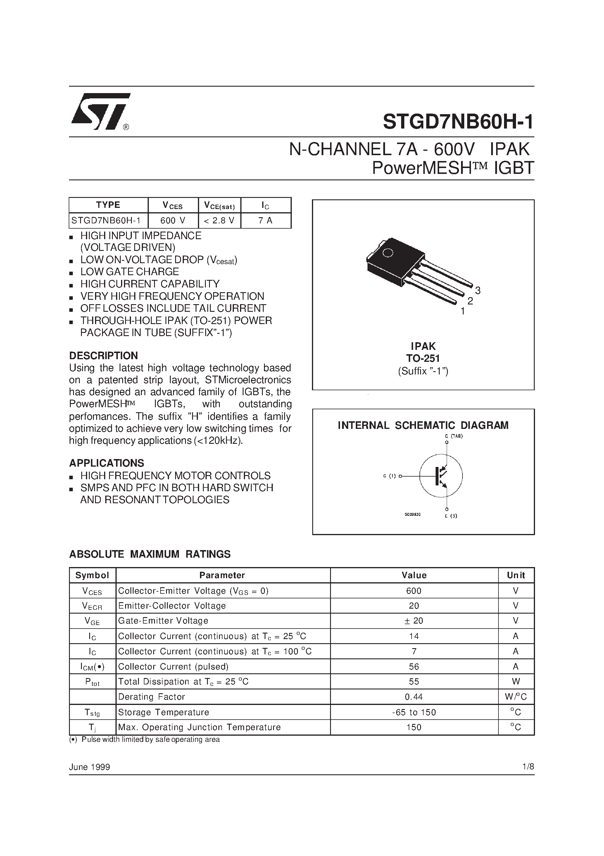 Datasheet STGD7NB60H-1 - N-CHANNEL 7A - 600V IPAK PowerMESH IGBT page 1