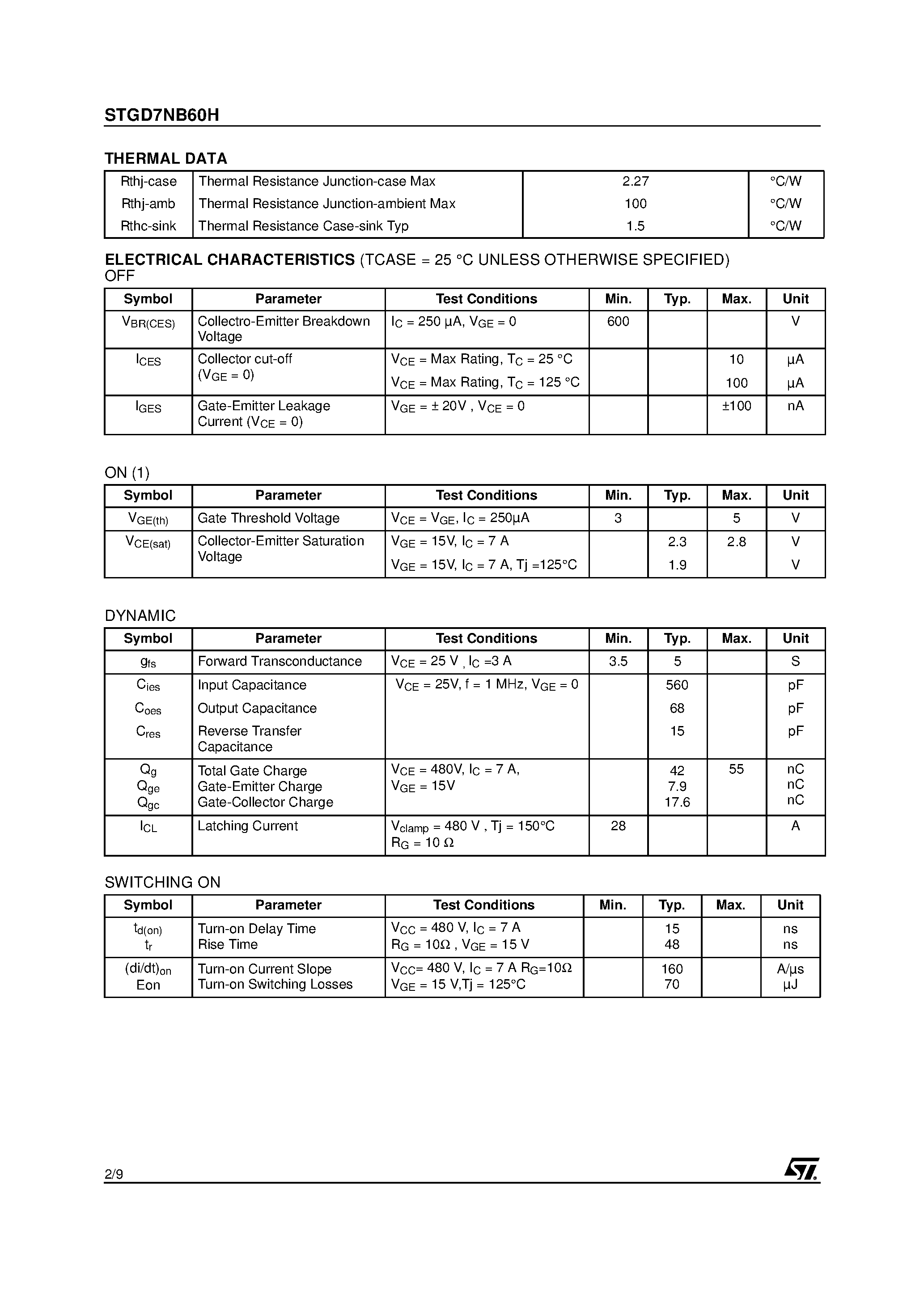 Datasheet STGD7NB60H - N-CHANNEL 7A - 600V - DPAK PowerMESH IGBT page 2