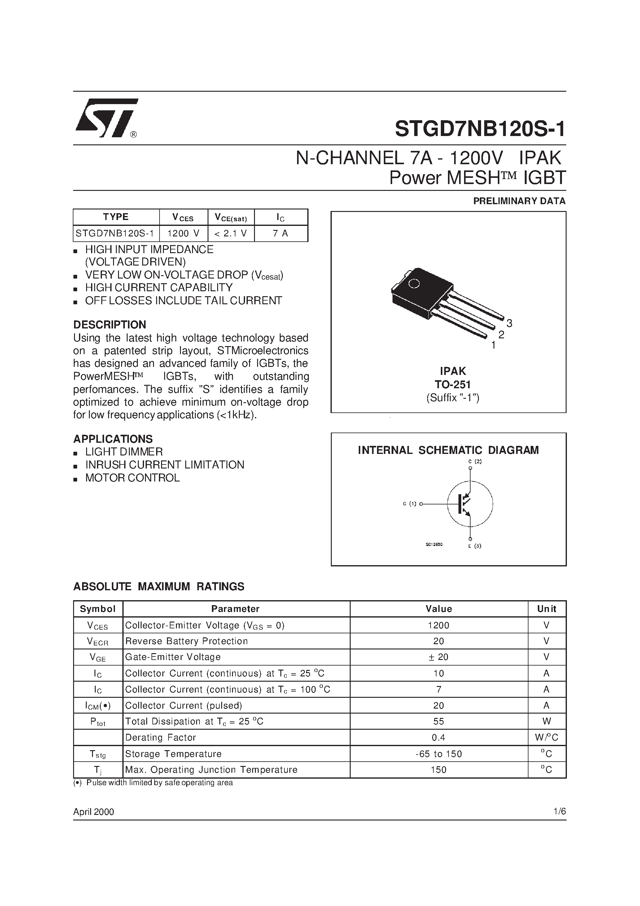 Datasheet STGD7NB120S-1 - N-CHANNEL 7A - 1200V IPAK Power MESH IGBT page 1