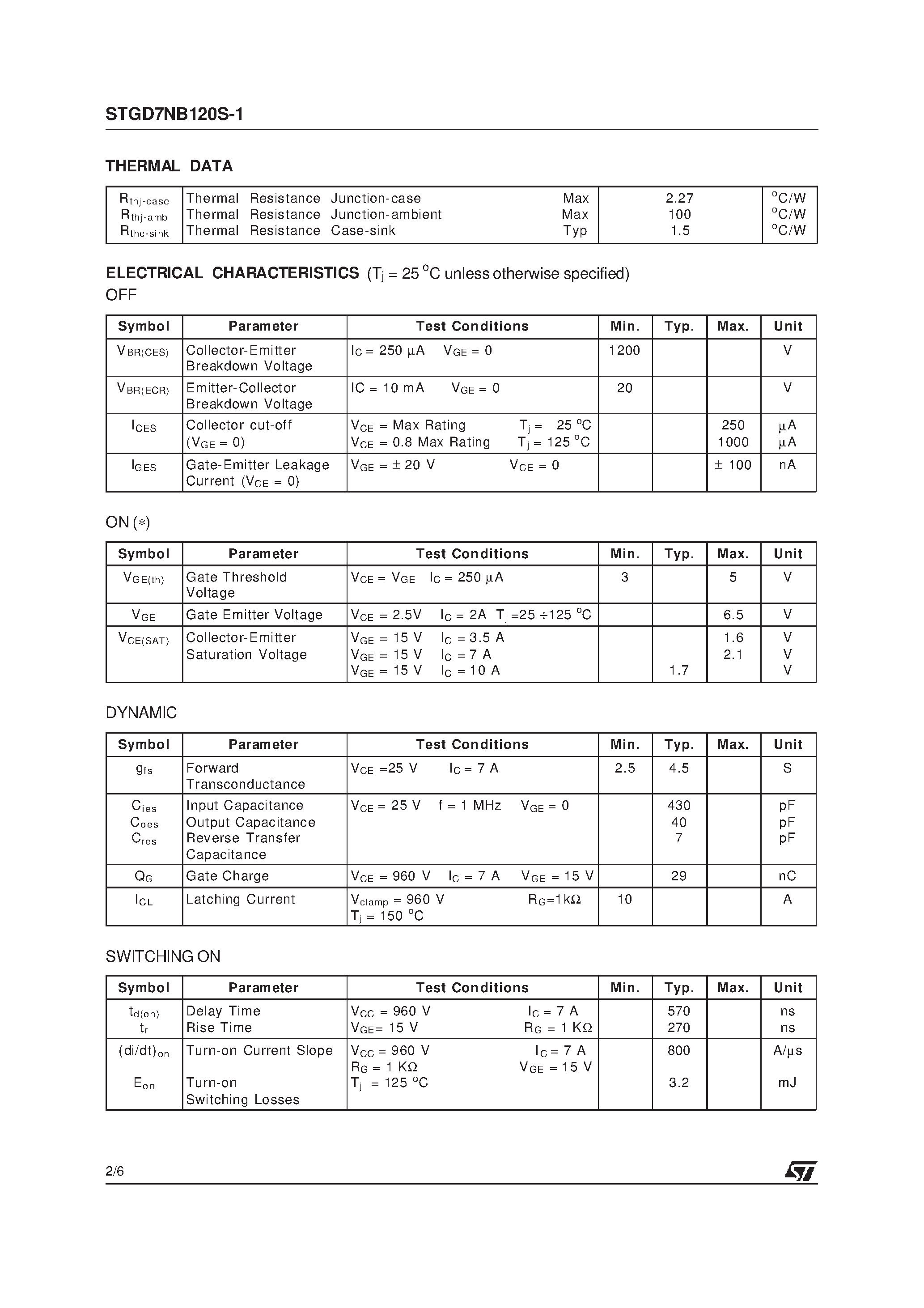 Datasheet STGD7NB120S-1 - N-CHANNEL 7A - 1200V IPAK Power MESH IGBT page 2