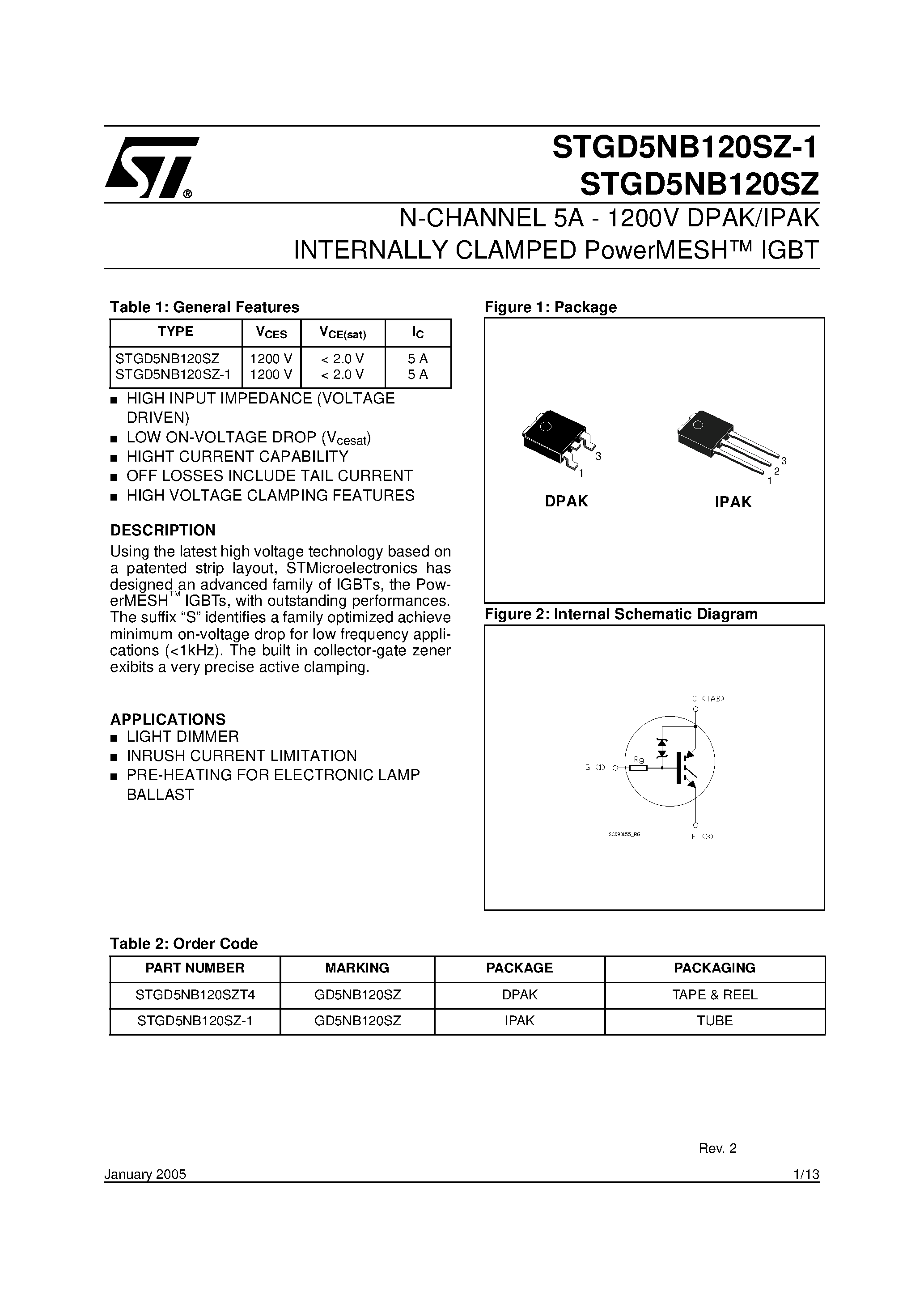 Datasheet STGD5NB120SZ - N-CHANNEL 5A - 1200V DPAK/IPAK INTERNALLY CLAMPED PowerMESH IGBT page 1