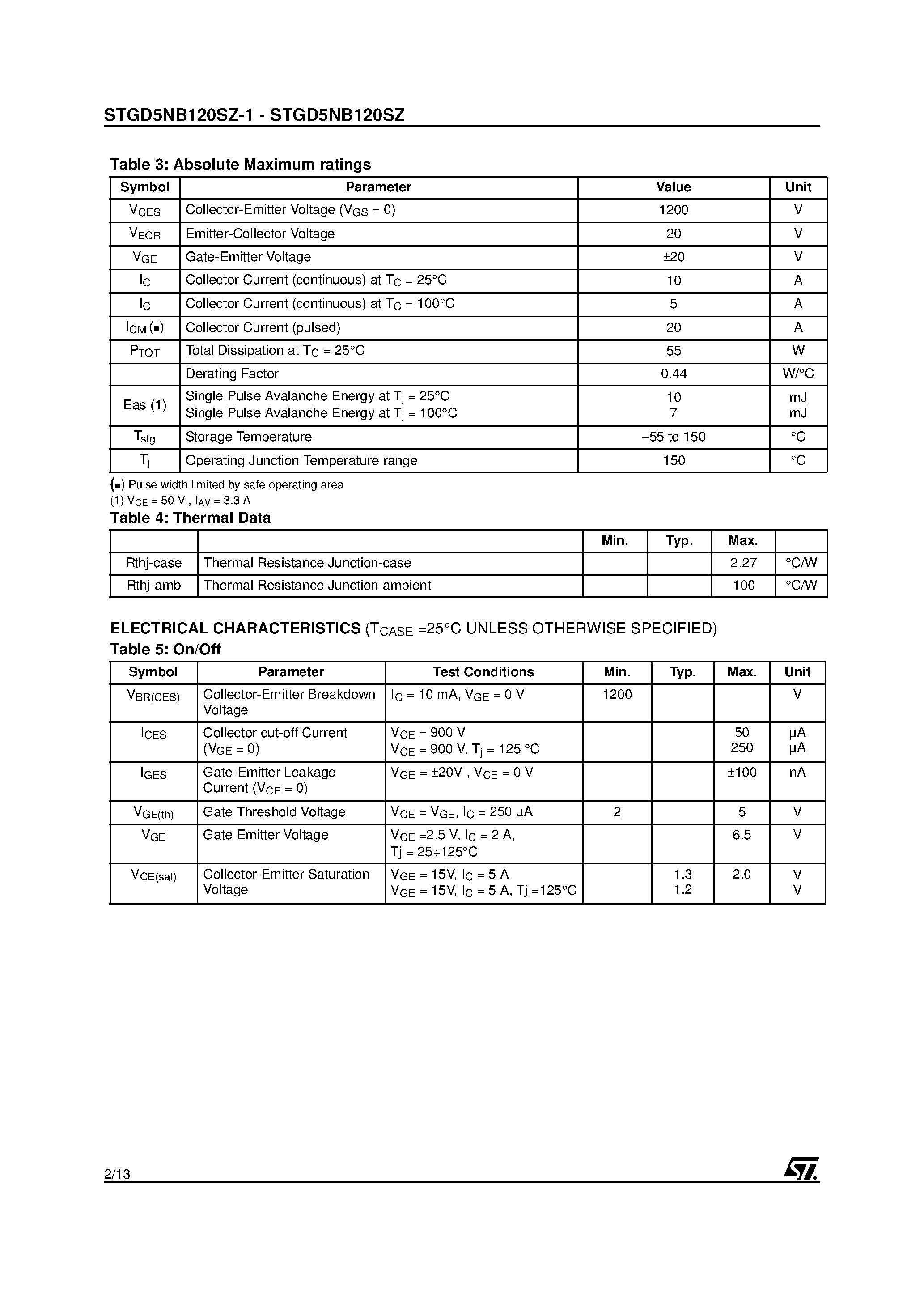 Datasheet STGD5NB120SZ - N-CHANNEL 5A - 1200V DPAK/IPAK INTERNALLY CLAMPED PowerMESH IGBT page 2
