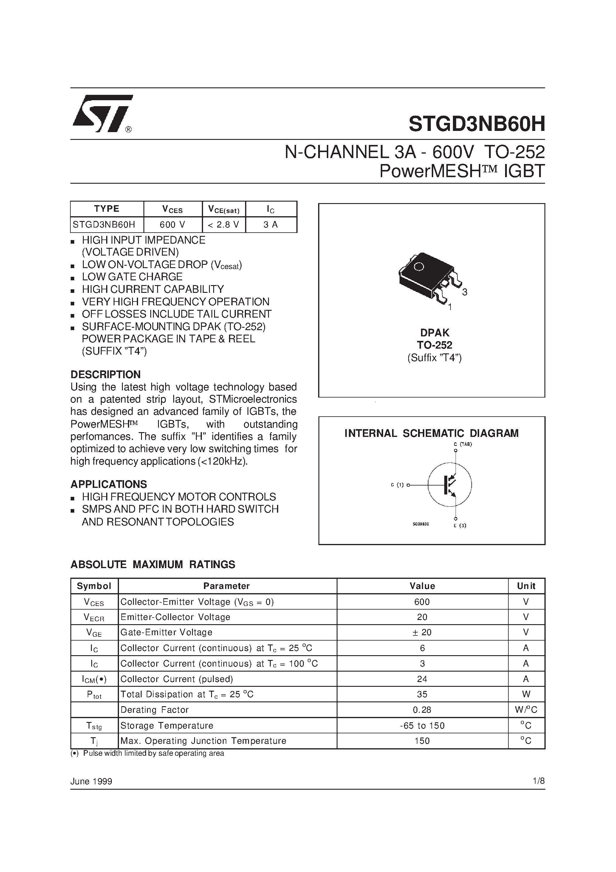 Datasheet STGD3NB60H page 1 Datasheet STGD3NB60H - N-CHANNEL 3A - 600V TO-252 PowerMESH IGBT page 1