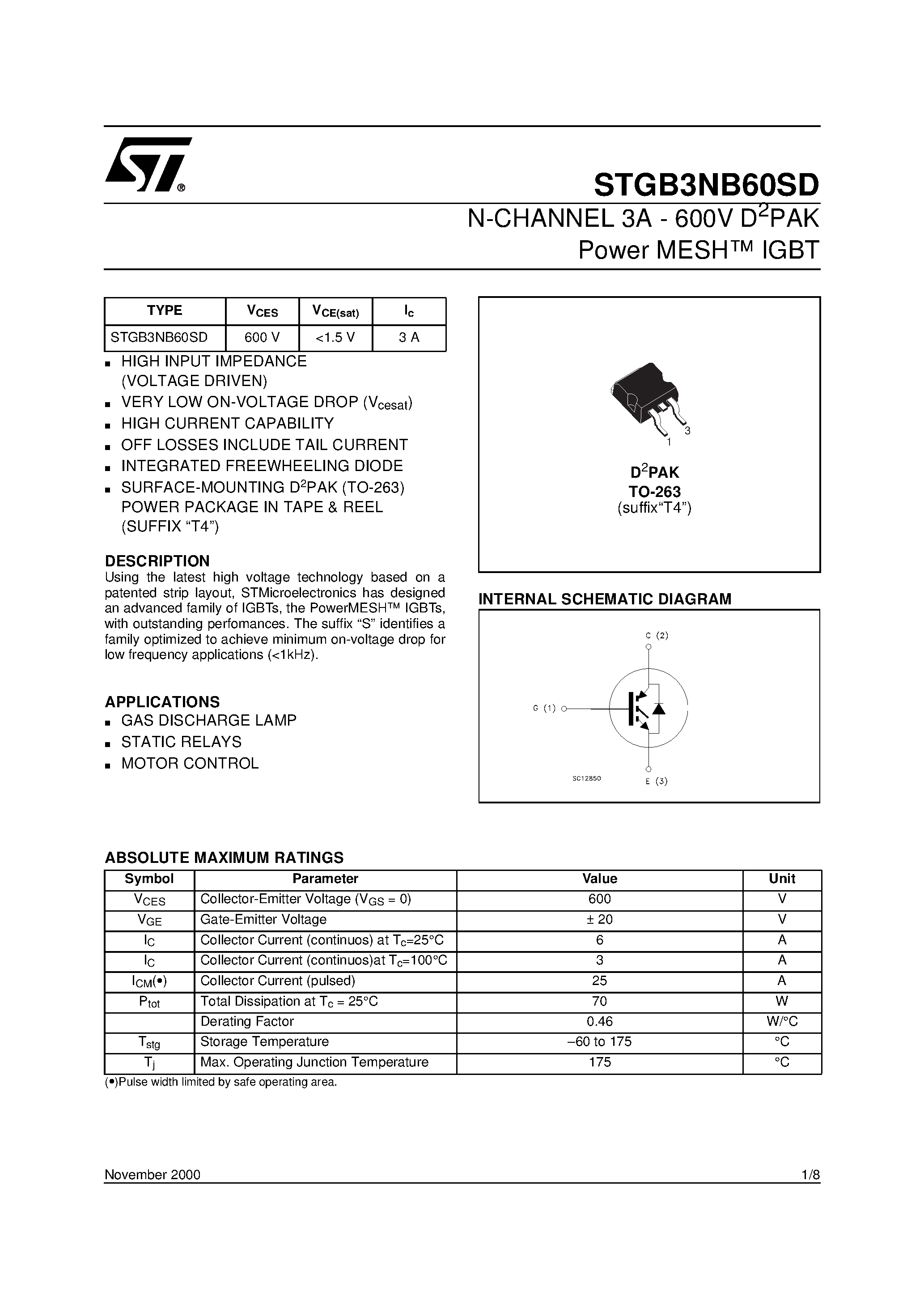 Datasheet STGB3NB60SD - N-CHANNEL 3A - 600V D2PAK Power MESH IGBT page 1