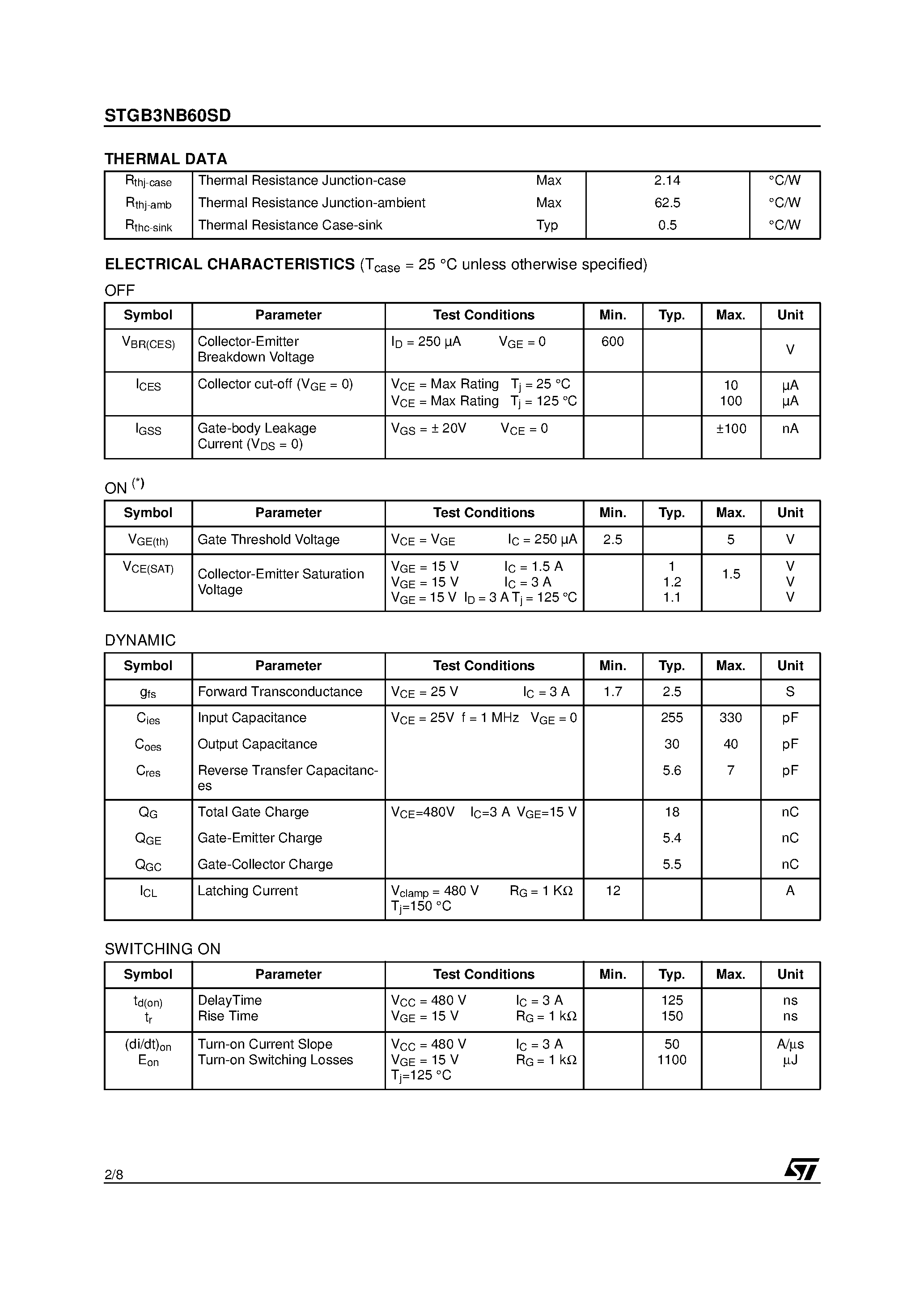 Datasheet STGB3NB60SD - N-CHANNEL 3A - 600V D2PAK Power MESH IGBT page 2