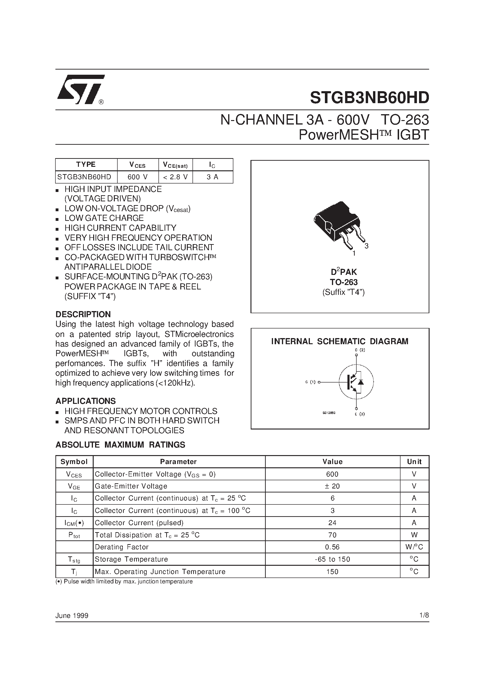 Datasheet STGB3NB60HD - N-CHANNEL 3A - 600V TO-263 PowerMESH IGBT page 1