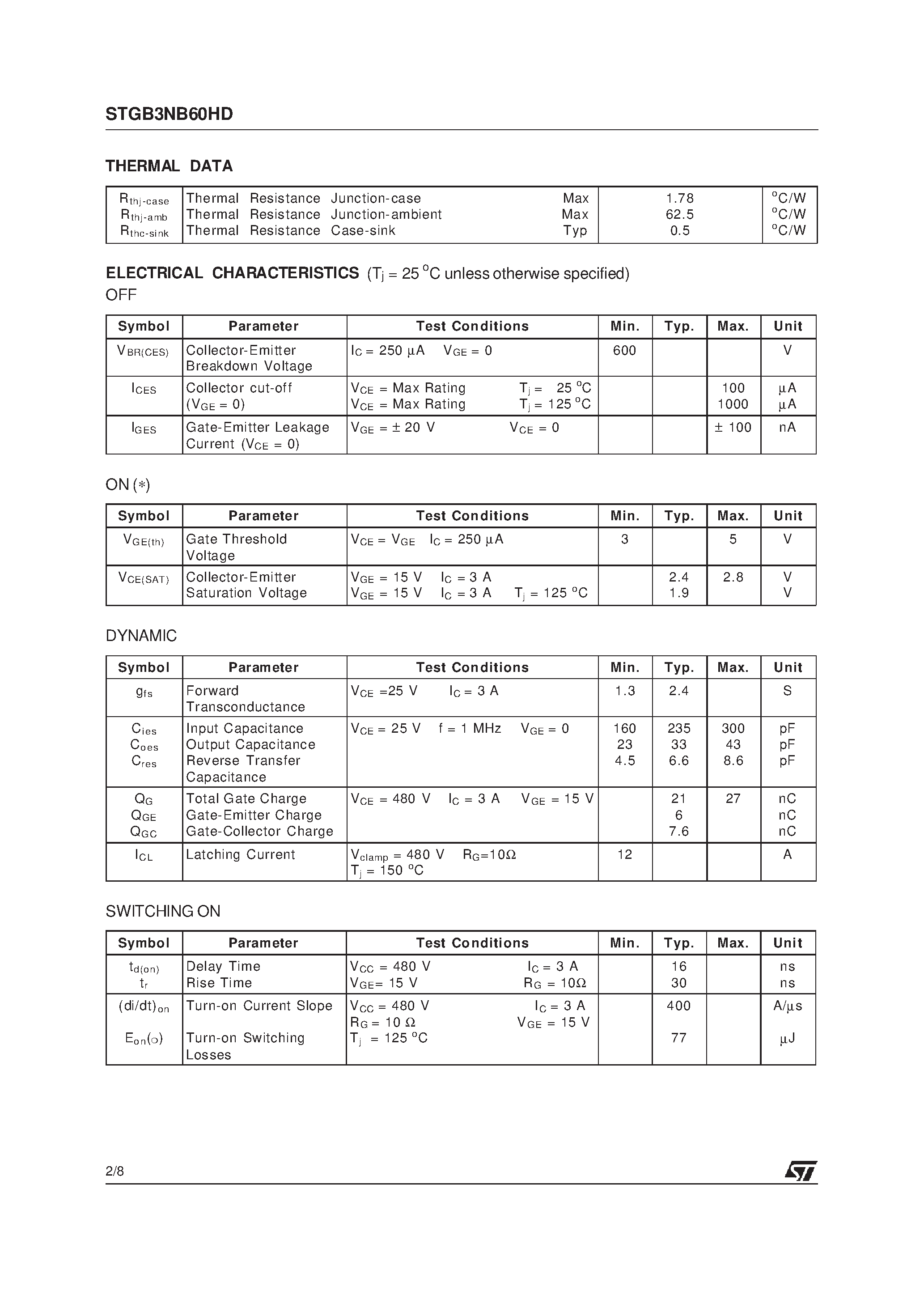 Datasheet STGB3NB60HD - N-CHANNEL 3A - 600V TO-263 PowerMESH IGBT page 2