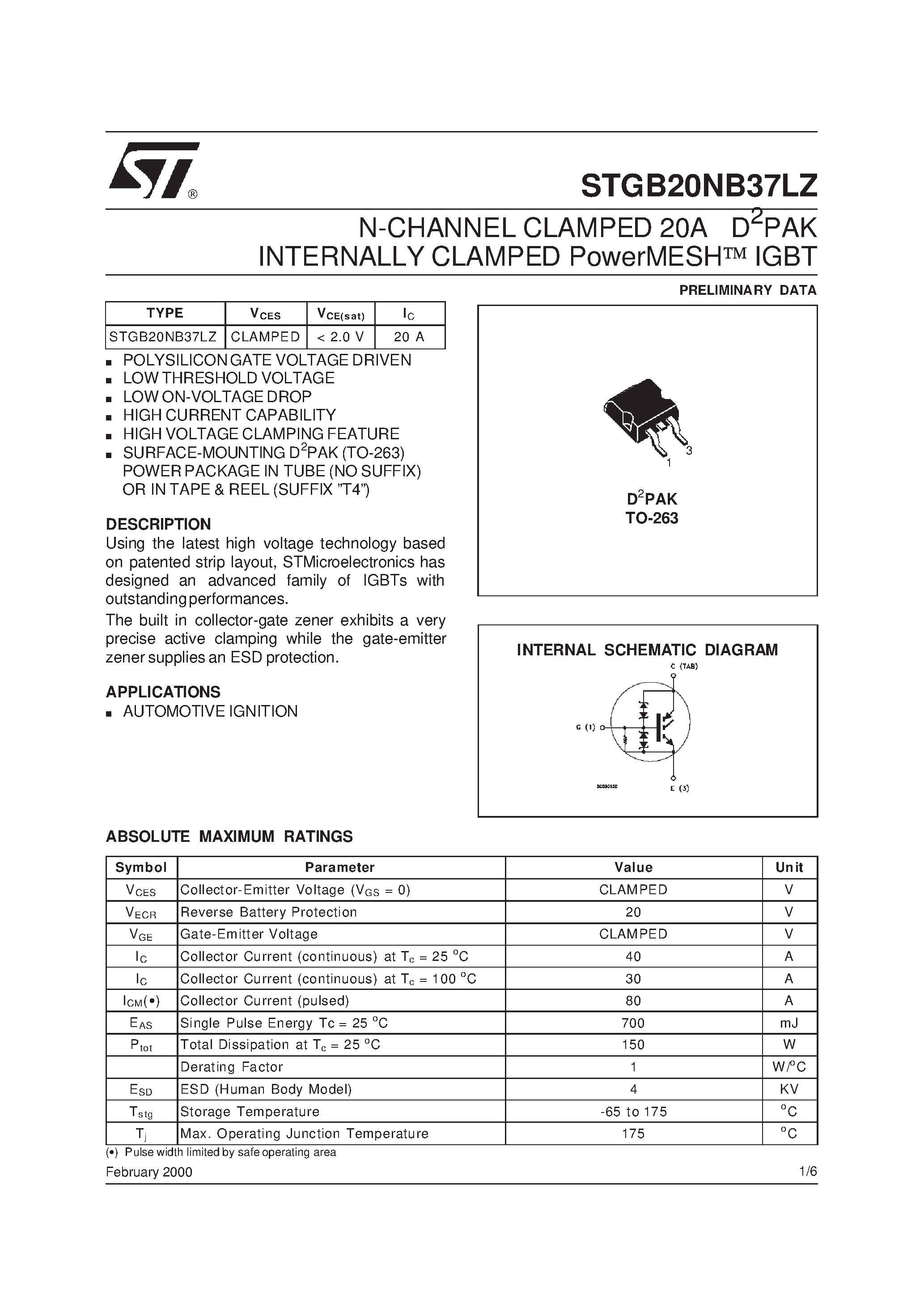 Datasheet STGB20NB37LZ - N-CHANNEL CLAMPED 20A D2PAK INTERNALLY CLAMPED PowerMESH IGBT page 1