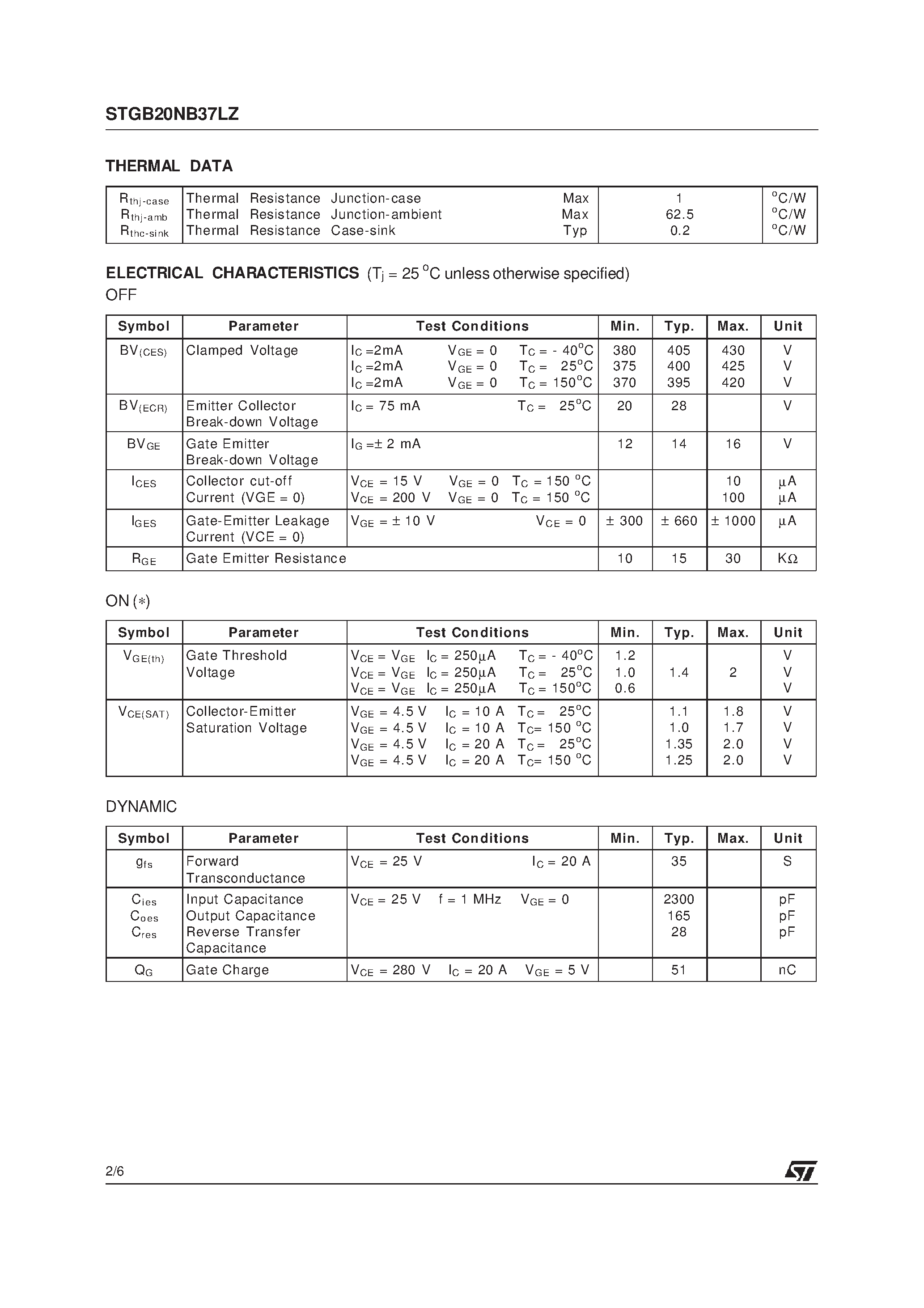 Datasheet STGB20NB37LZ - N-CHANNEL CLAMPED 20A D2PAK INTERNALLY CLAMPED PowerMESH IGBT page 2