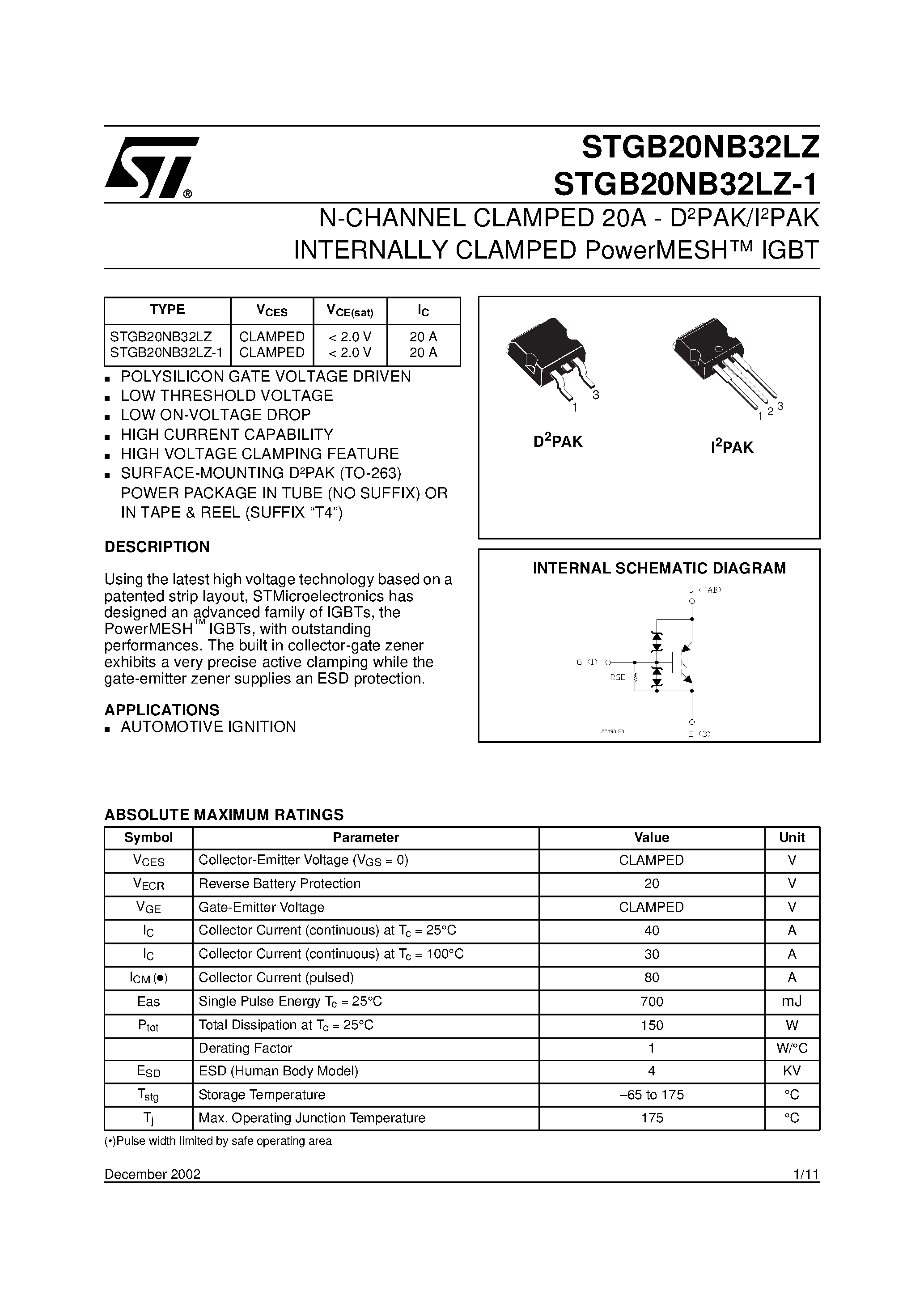 Datasheet STGB20NB32LZ - N-CHANNEL CLAMPED 20A - D2PAK/I2PAK INTERNALLY CLAMPED PowerMESH IGBT page 1