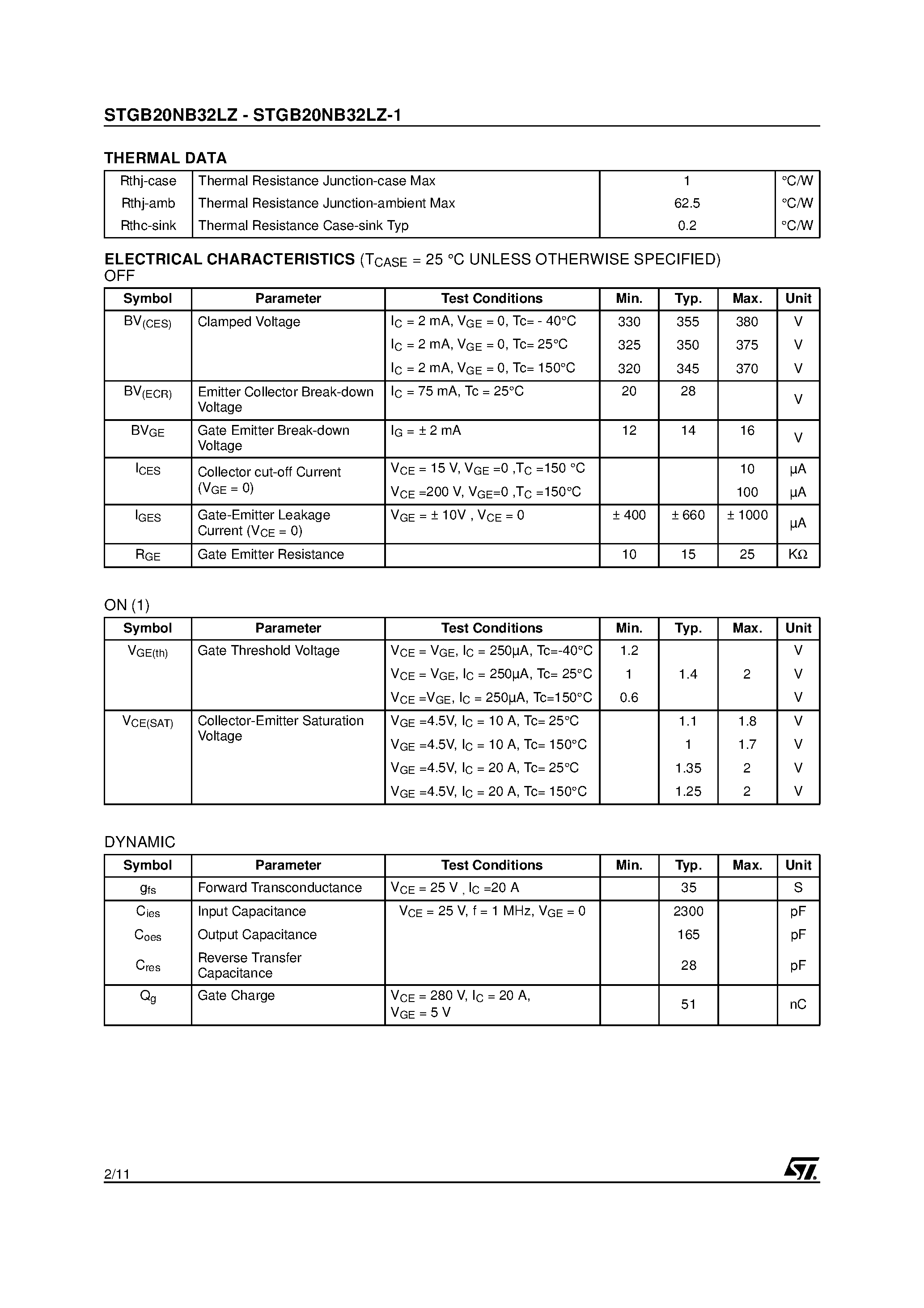Datasheet STGB20NB32LZ - N-CHANNEL CLAMPED 20A - D2PAK/I2PAK INTERNALLY CLAMPED PowerMESH IGBT page 2