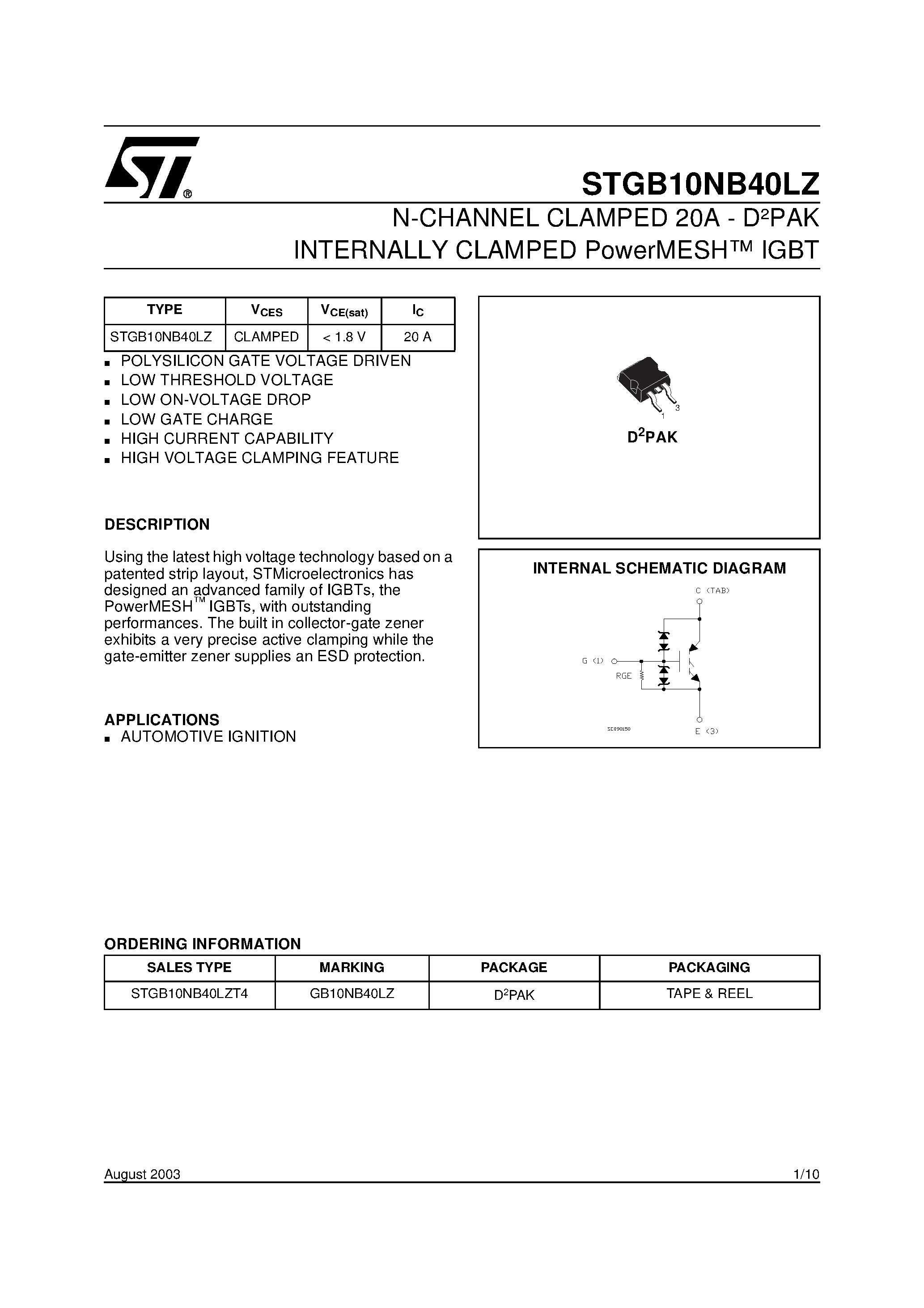 Datasheet STGB10NB40LZ - N-CHANNEL CLAMPED 20A - D2PAK INTERNALLY CLAMPED PowerMESH IGBT page 1