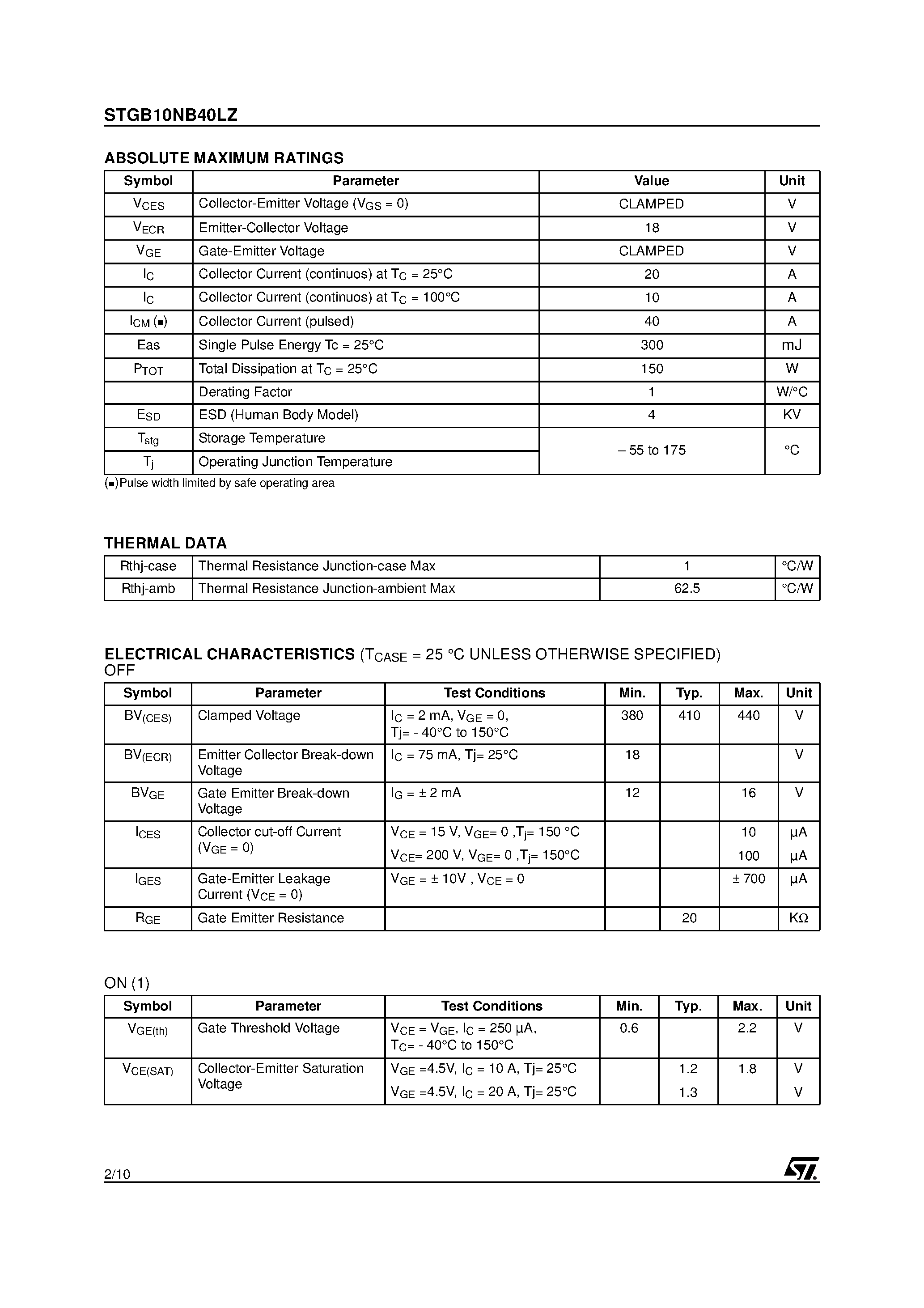 Datasheet STGB10NB40LZ - N-CHANNEL CLAMPED 20A - D2PAK INTERNALLY CLAMPED PowerMESH IGBT page 2
