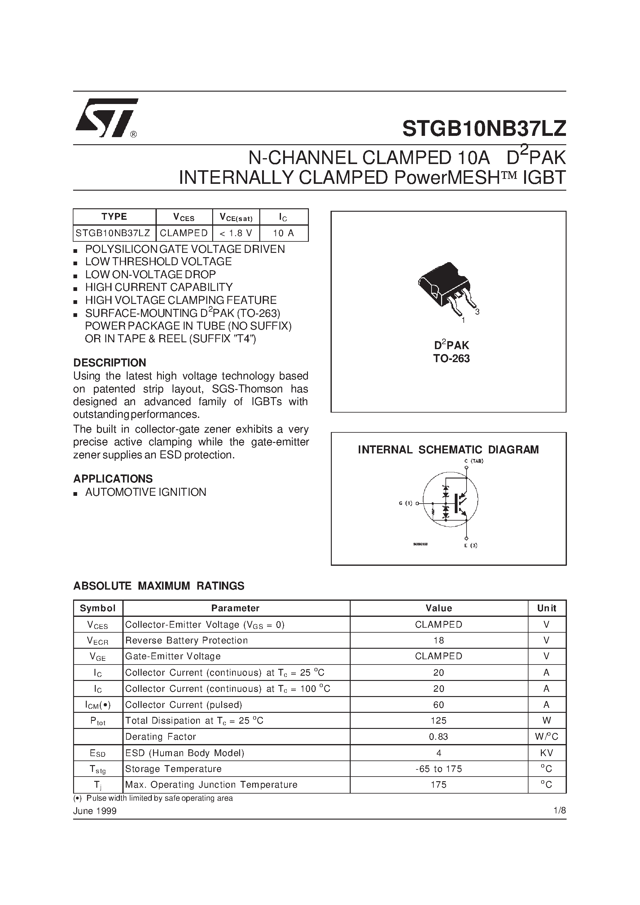 Даташит на микросхему STGB10NB37LZ страница 1 Даташит STGB10NB37LZ - N-CHANNEL CLAMPED 10A D2PAK INTERNALLY CLAMPED PowerMESH IGBT страница 1