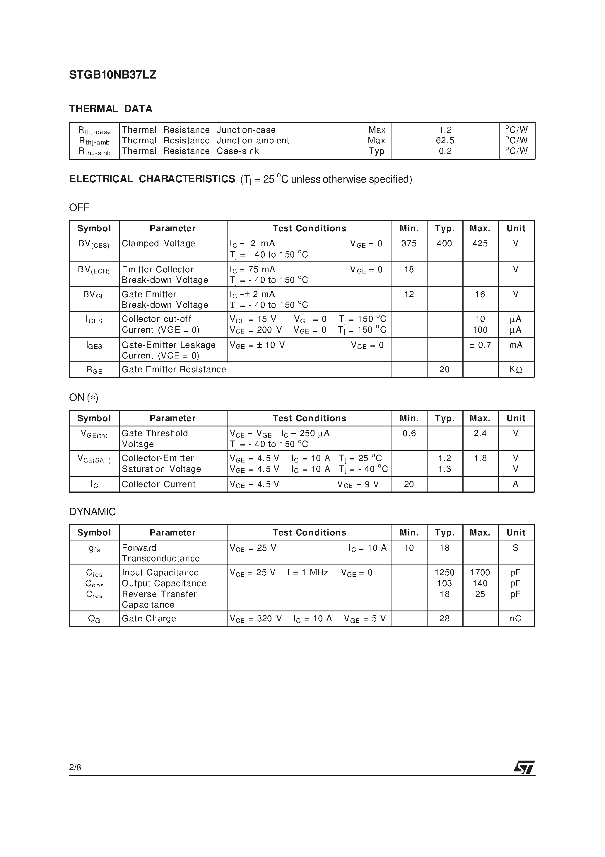 Даташит на микросхему STGB10NB37LZ страница 2 Даташит STGB10NB37LZ - N-CHANNEL CLAMPED 10A D2PAK INTERNALLY CLAMPED PowerMESH IGBT страница 2