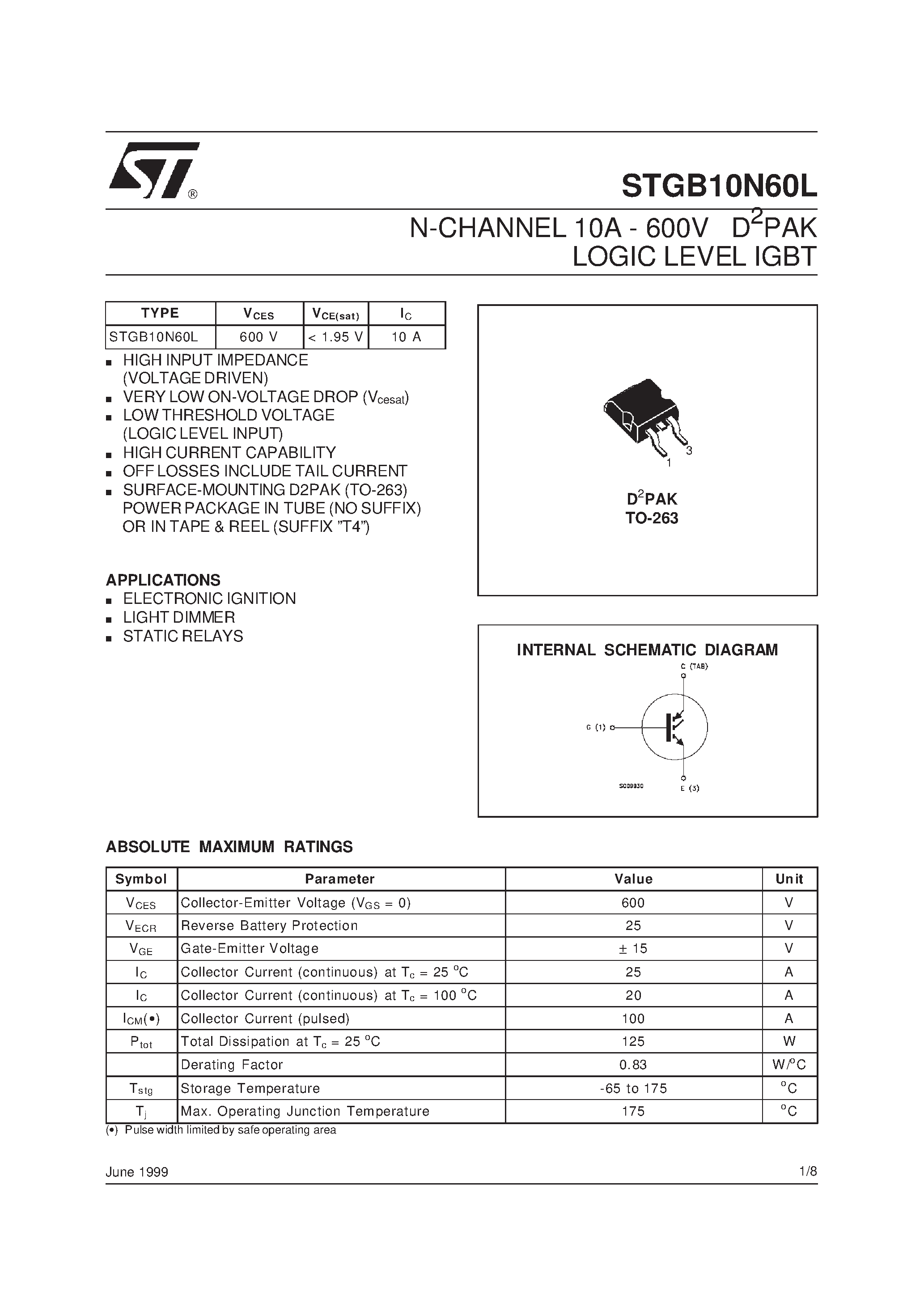 Datasheet STGB10N60L - N-CHANNEL 10A - 600V D2PAK LOGIC LEVEL IGBT page 1