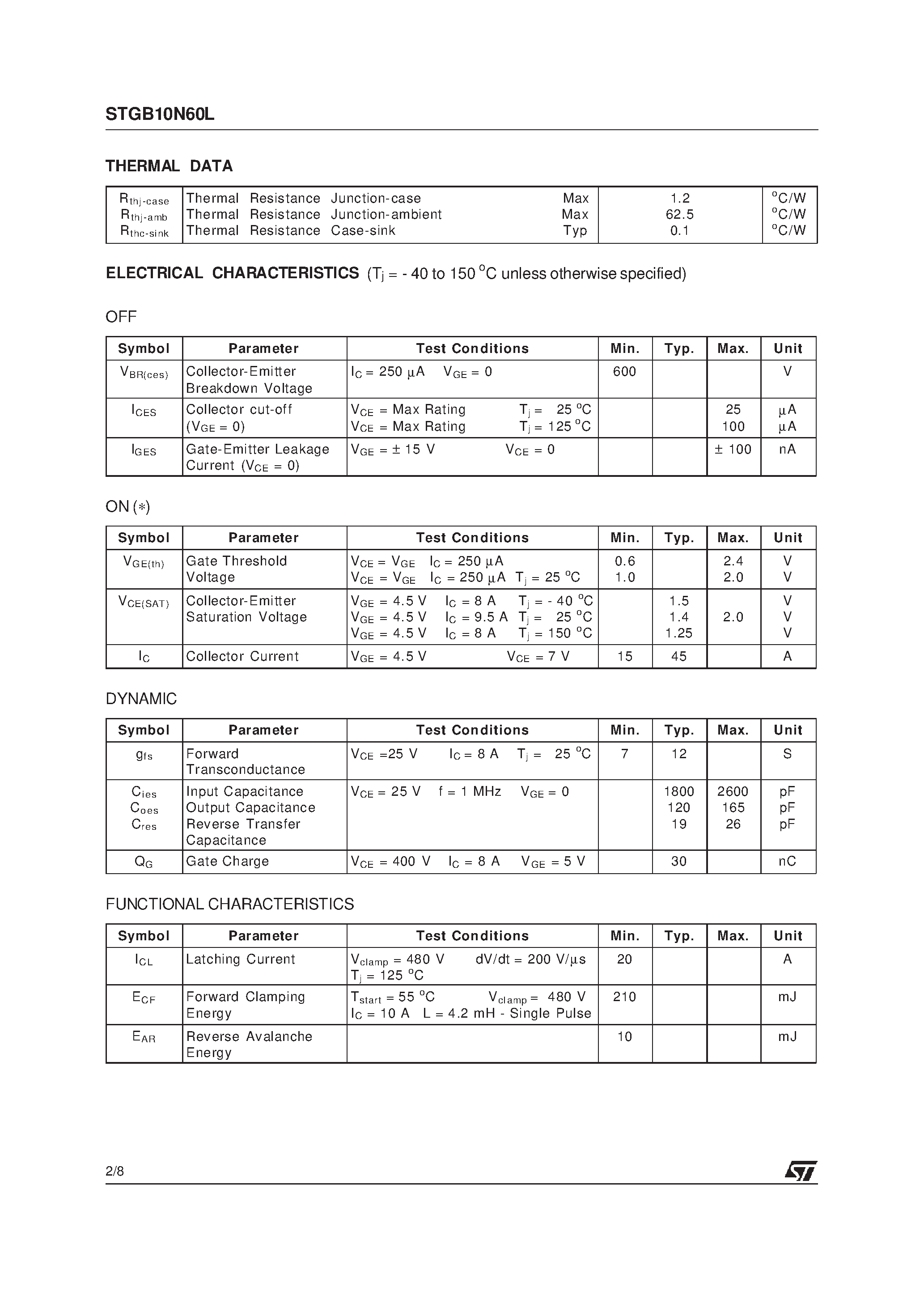 Datasheet STGB10N60L - N-CHANNEL 10A - 600V D2PAK LOGIC LEVEL IGBT page 2