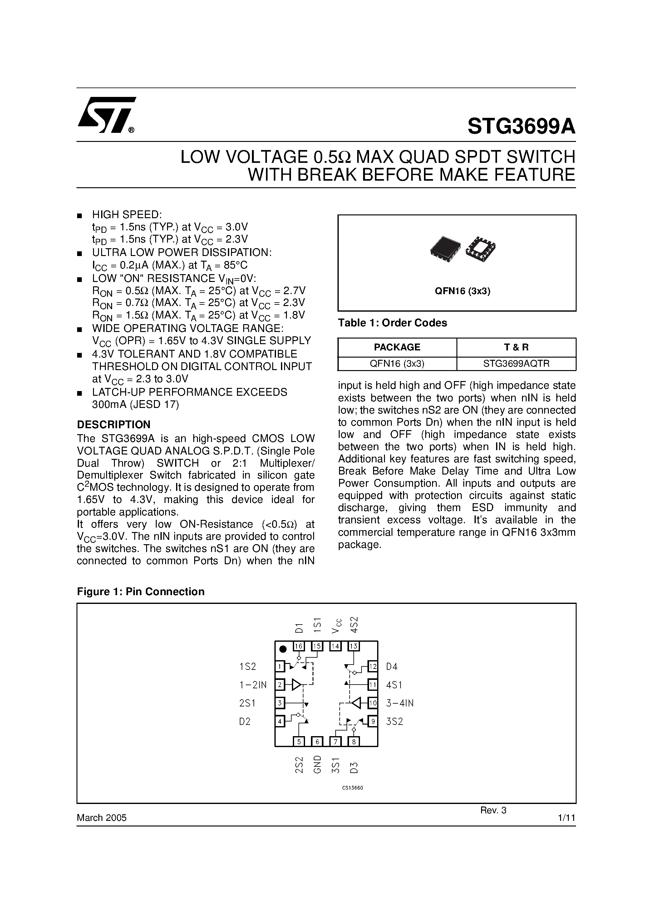 Datasheet STG3699A - LOW VOLTAGE 0.5 MAX QUAD SPDT SWITCH WITH BREAK BEFORE MAKE FEATURE page 1