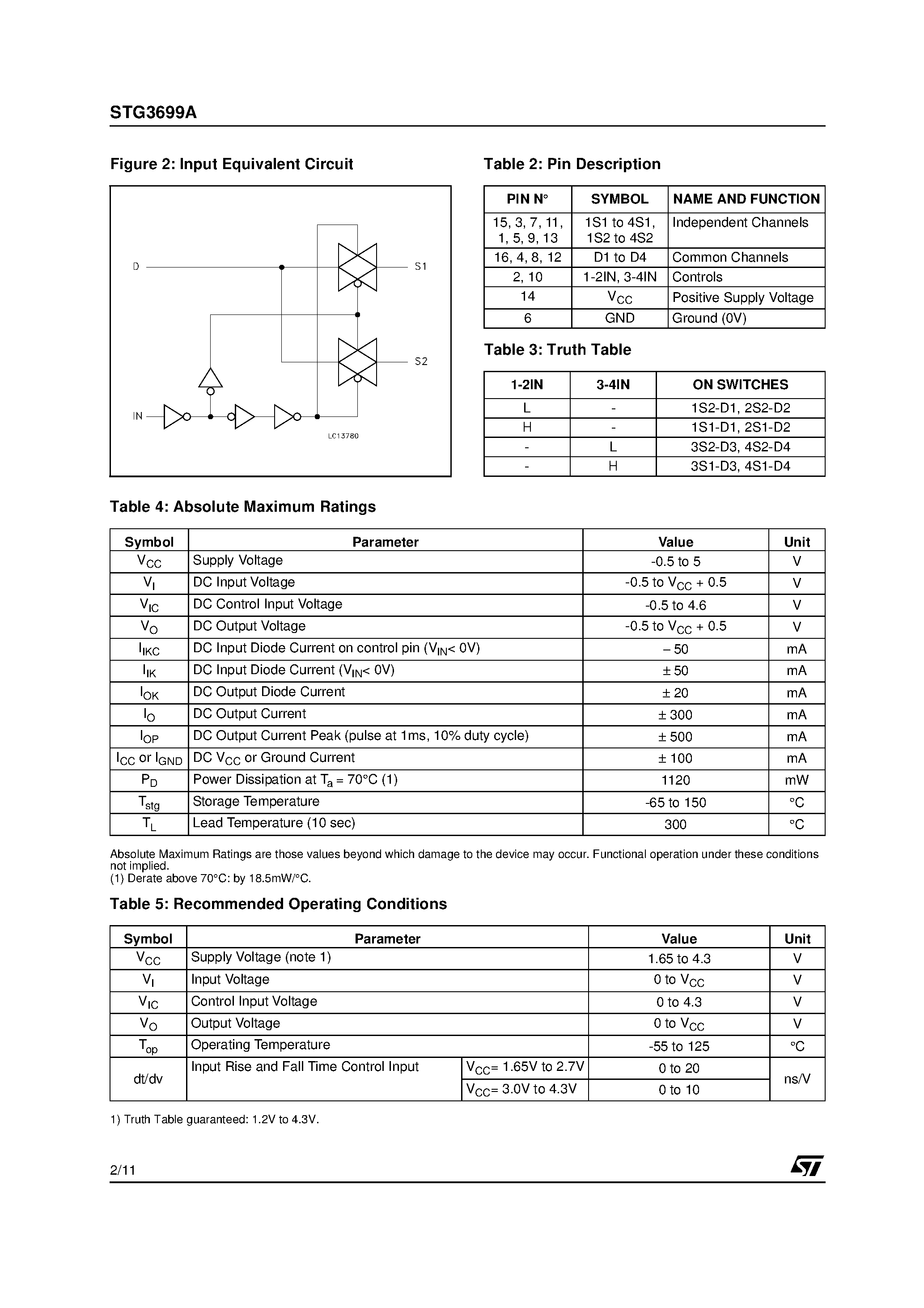 Datasheet STG3699A - LOW VOLTAGE 0.5 MAX QUAD SPDT SWITCH WITH BREAK BEFORE MAKE FEATURE page 2