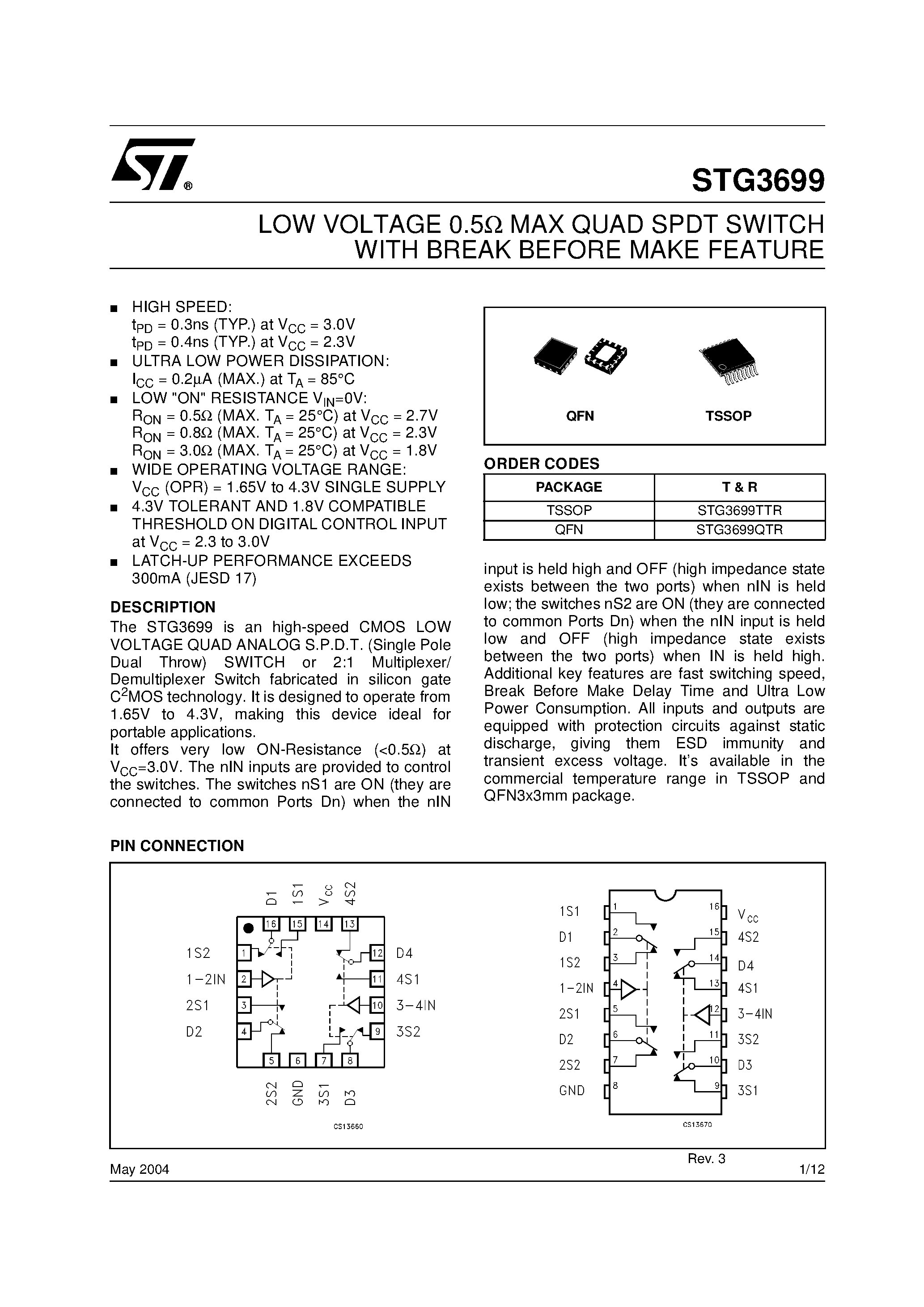 Datasheet STG3699 - LOW VOLTAGE 0.5 MAX QUAD SPDT SWITCH WITH BREAK BEFORE MAKE FEATURE page 1