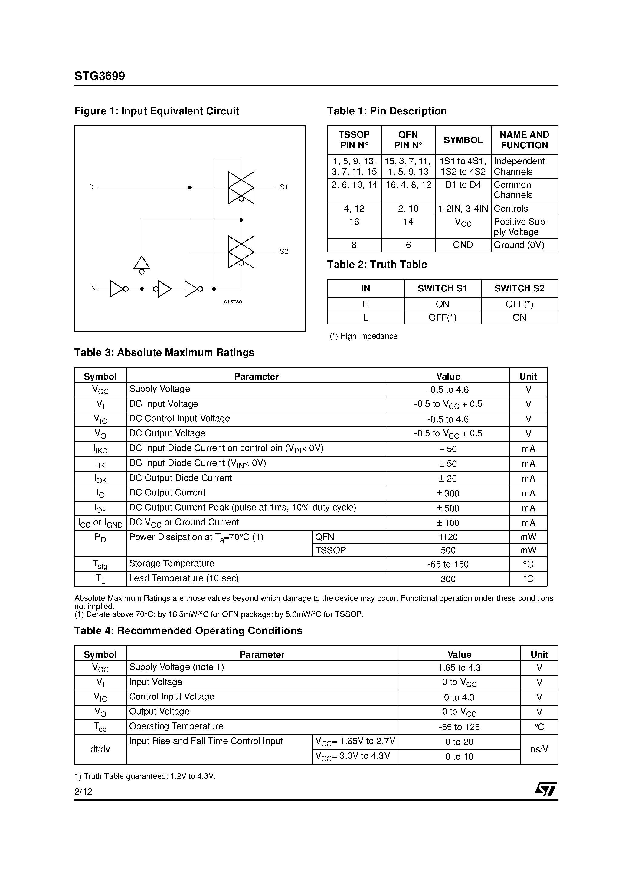 Datasheet STG3699 - LOW VOLTAGE 0.5 MAX QUAD SPDT SWITCH WITH BREAK BEFORE MAKE FEATURE page 2