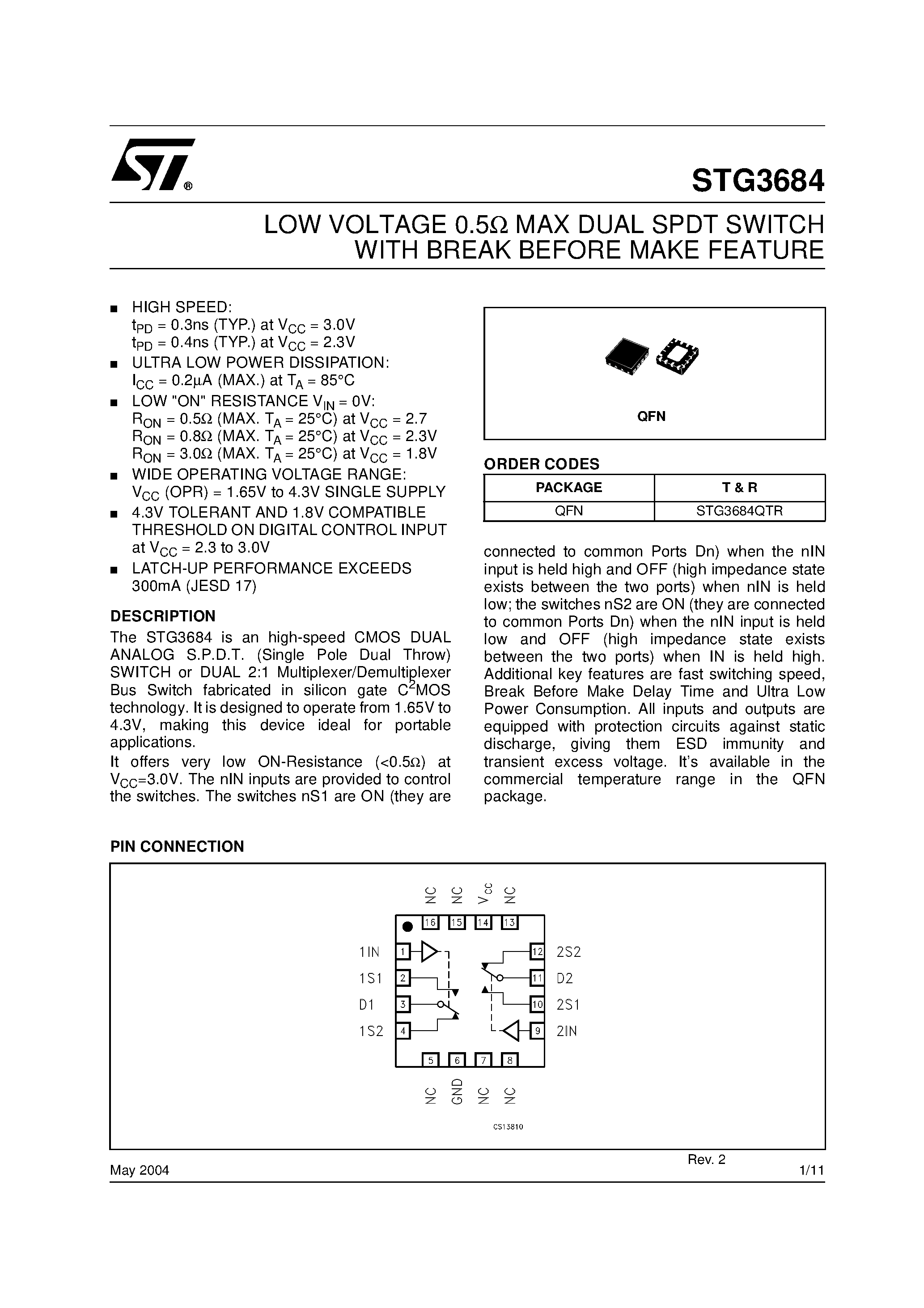 Datasheet STG3684 - LOW VOLTAGE 0.5 MAX DUAL SPDT SWITCH WITH BREAK BEFORE MAKE FEATURE page 1