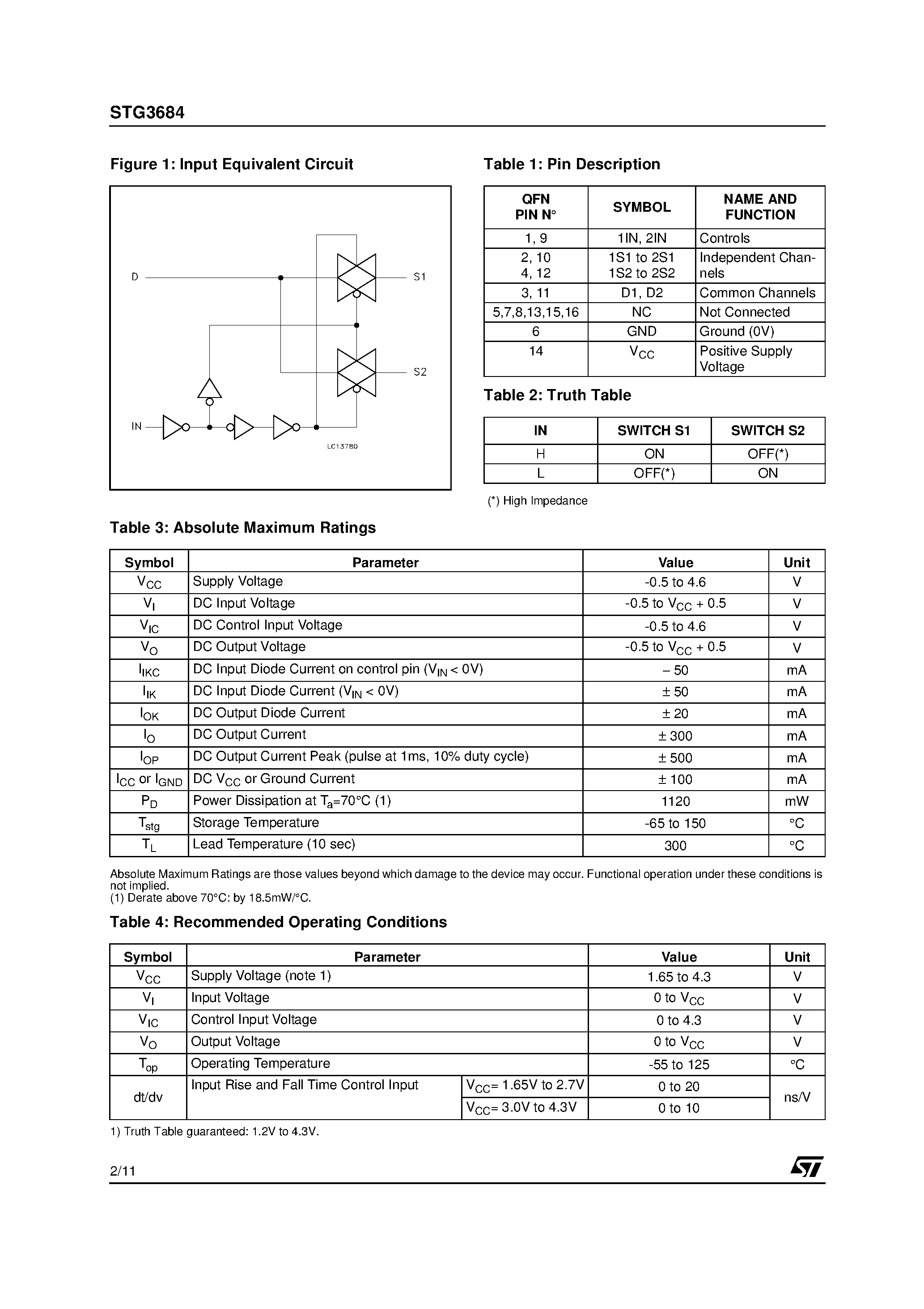 Datasheet STG3684 - LOW VOLTAGE 0.5 MAX DUAL SPDT SWITCH WITH BREAK BEFORE MAKE FEATURE page 2