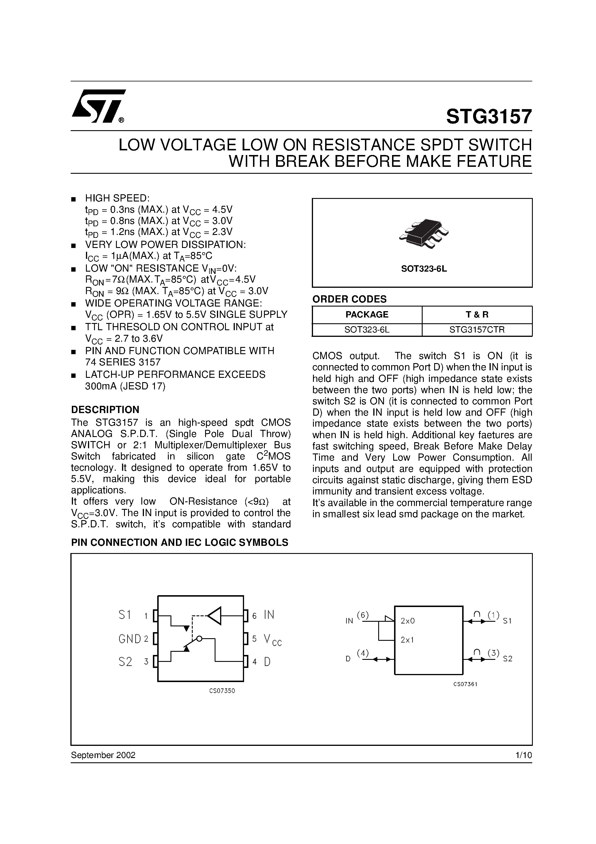 Даташит STG3157 - LOW VOLTAGE LOW ON RESISTANCE SPDT SWITCH WITH BREAK BEFORE MAKE FEATURE страница 1