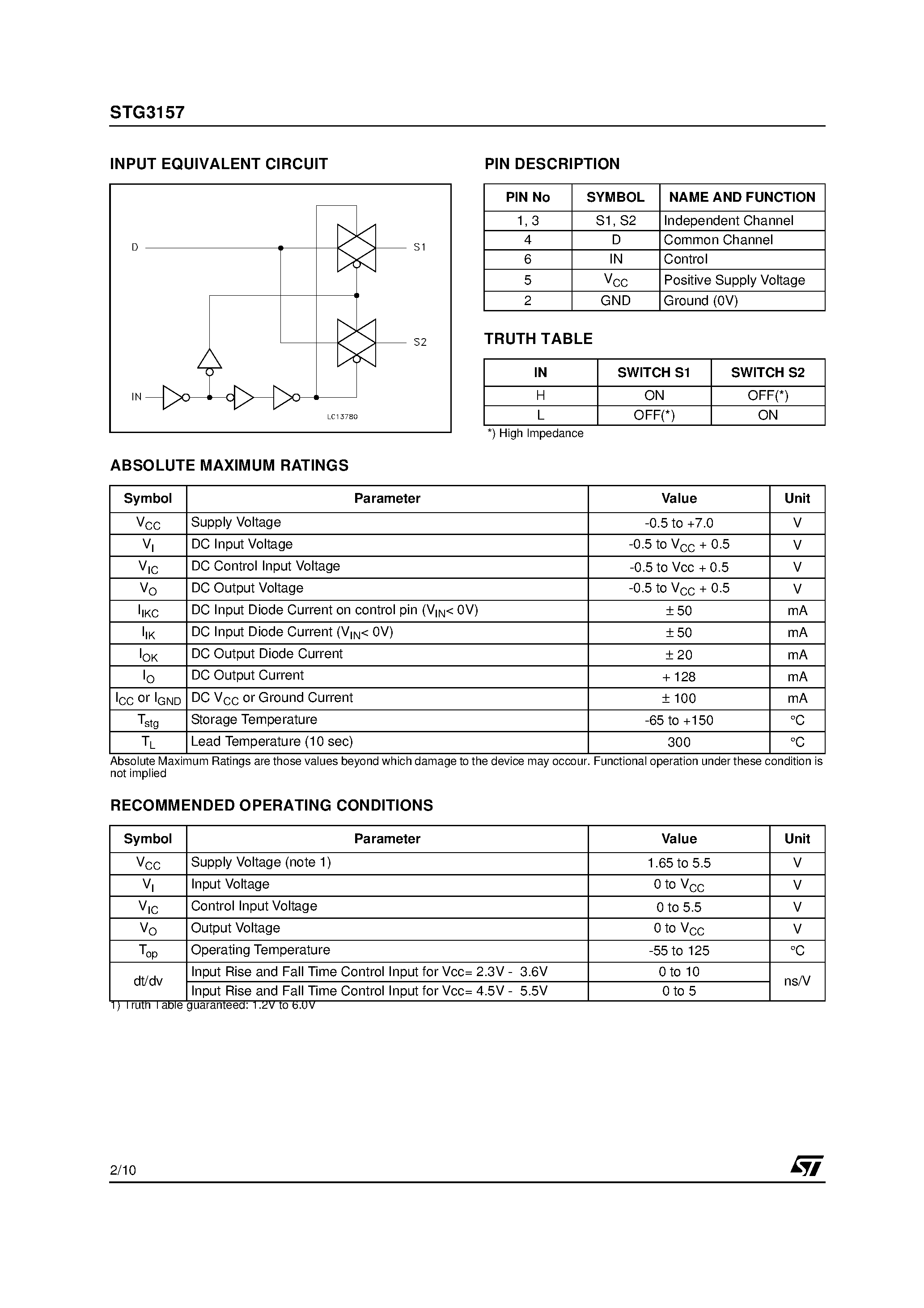Даташит STG3157 - LOW VOLTAGE LOW ON RESISTANCE SPDT SWITCH WITH BREAK BEFORE MAKE FEATURE страница 2