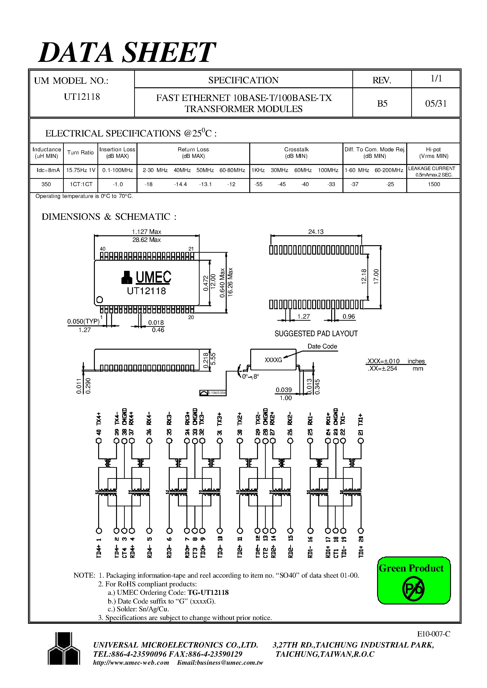 Datasheet UT12118 - FAST ETHERNET 10BASE-T/100BASE-TX TRANSRORMER MODULE page 1
