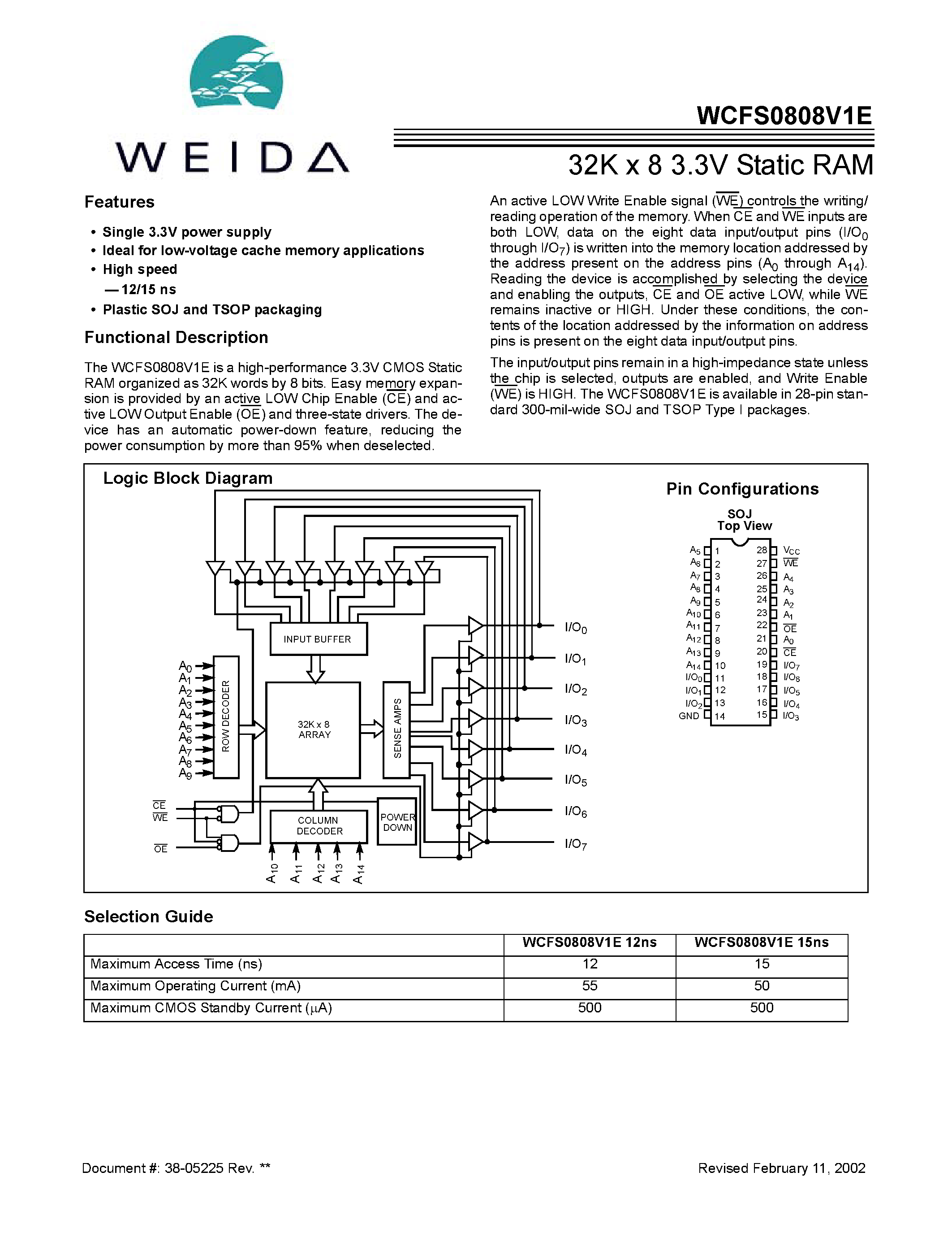 Даташит WCFS0808V1E - 32K x 8 3.3V Static RAM страница 1