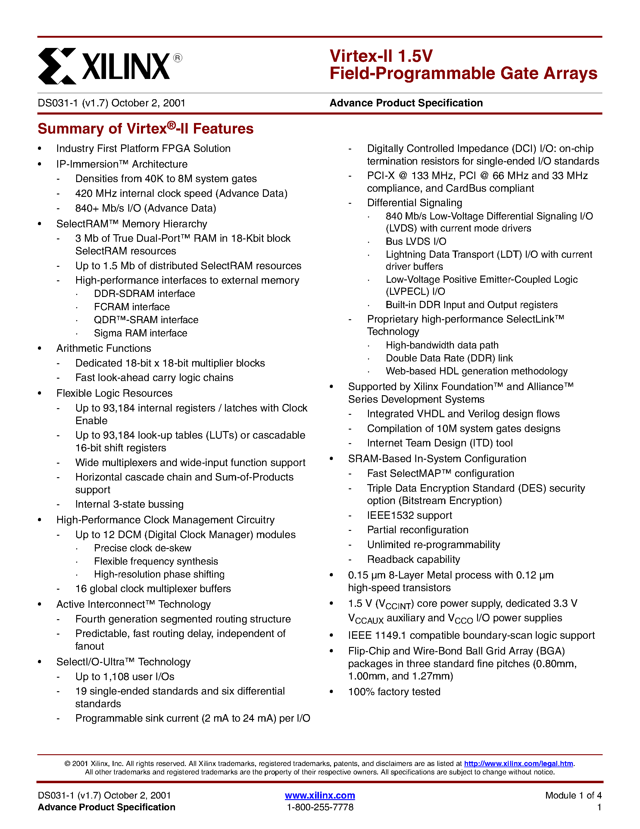 Datasheet XC2V80 - Virtex-II 1.5V Field-Programmable Gate Arrays page 1