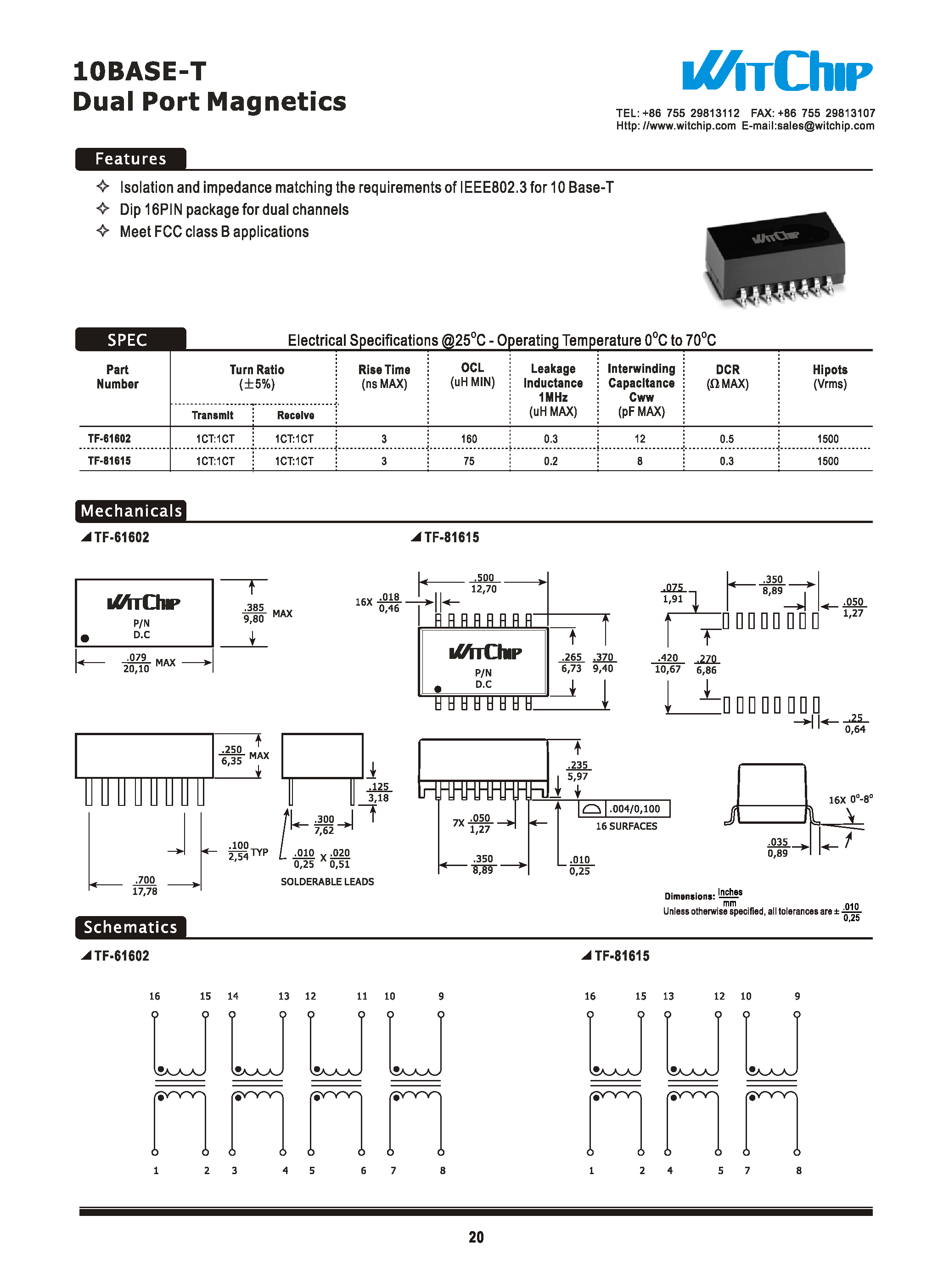 Datasheet TF-61602 - (TF-61602 / TF-81615) Icolation and ompedance matching the requirements of IEEE 802.3 for 10 Base-T page 1