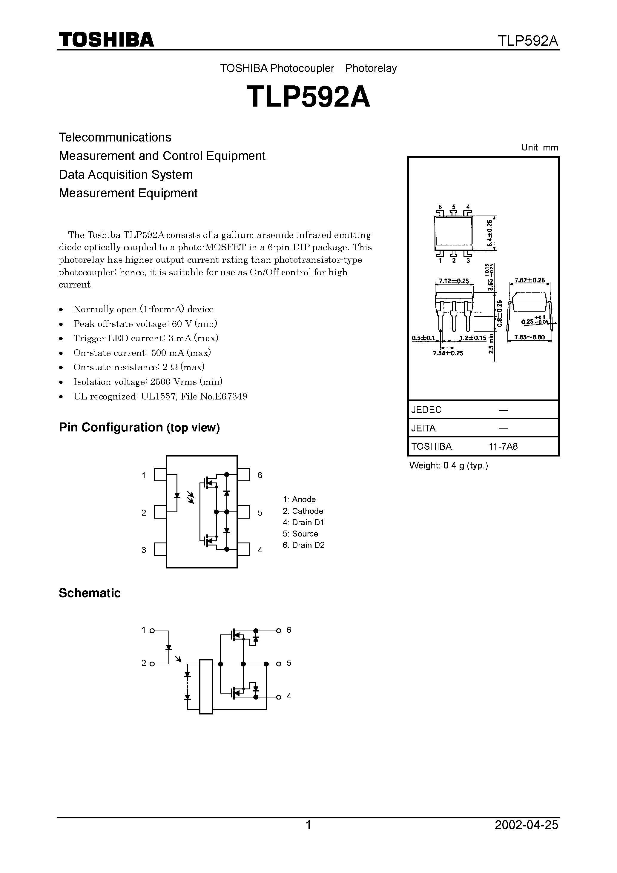 Даташит TLP592A - Telecommunications Measurement and Control Equipment Data Acquisition System Measurement Equipment страница 1