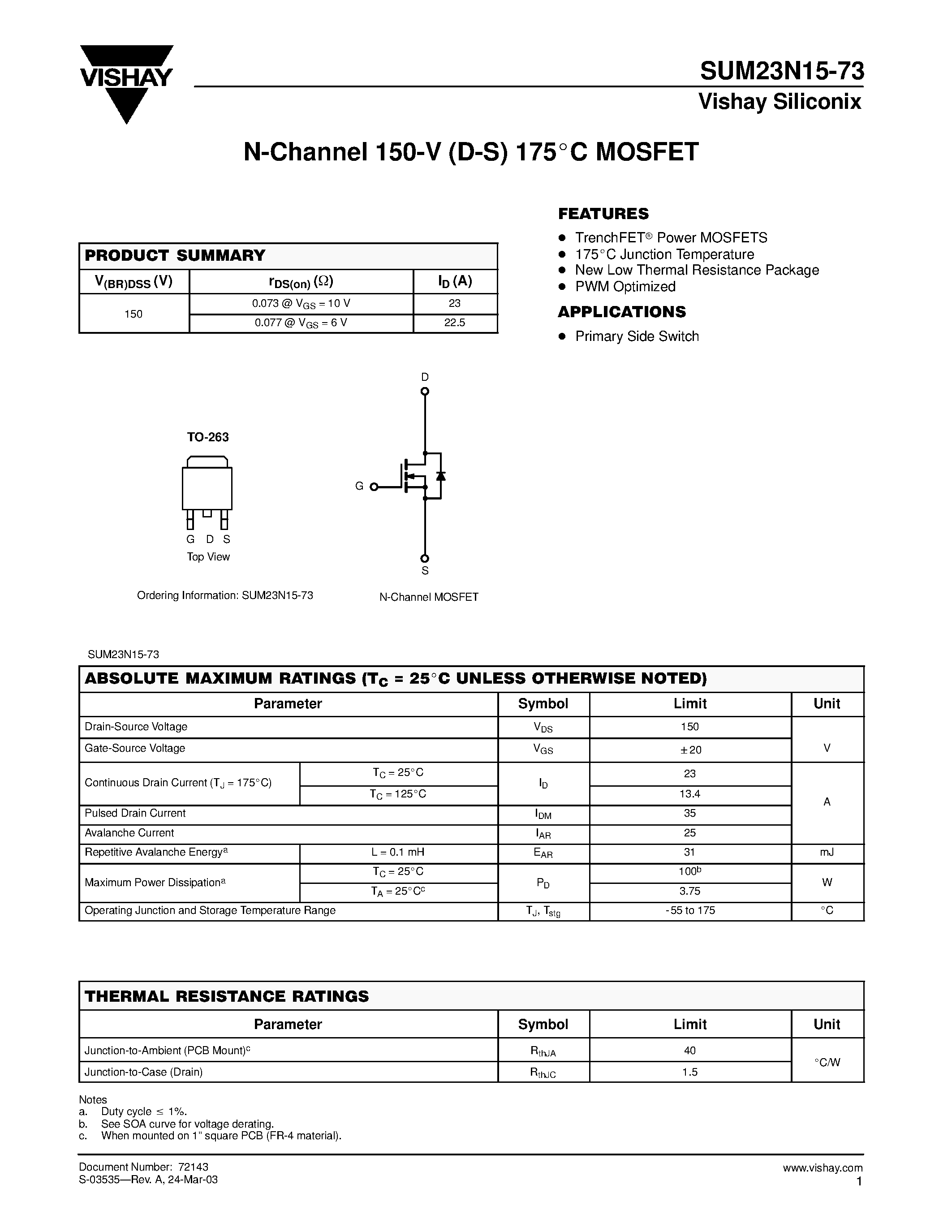 Datasheet SUM23N15-73 - N-Channel 150-V (D-S) 175 C MOSFET page 1