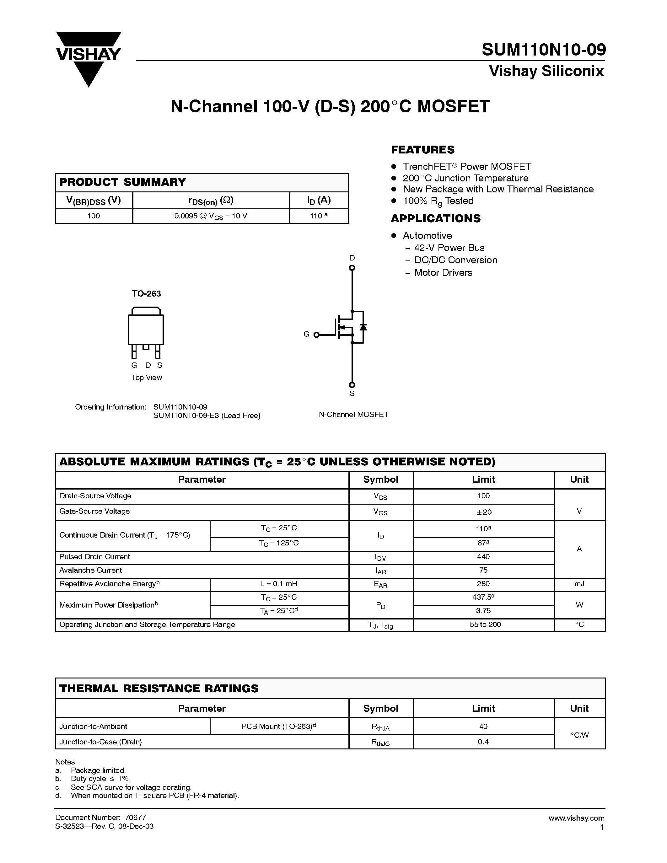 Даташит SUM110N10-09 - N-Channel 100-V (D-S) 200C MOSFET страница 1