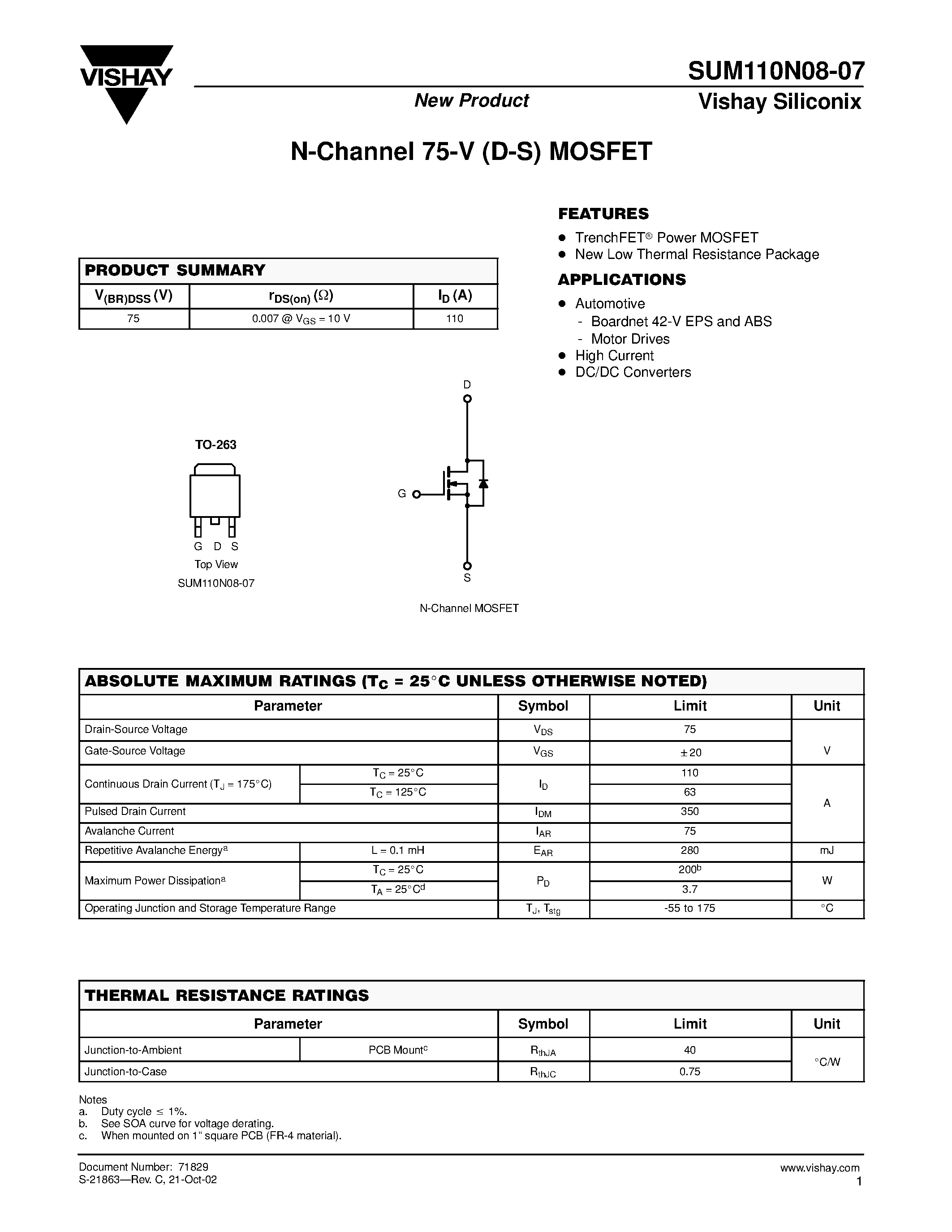 Даташит SUM110N08-07 - N-Channel 75-V (D-S) MOSFET страница 1