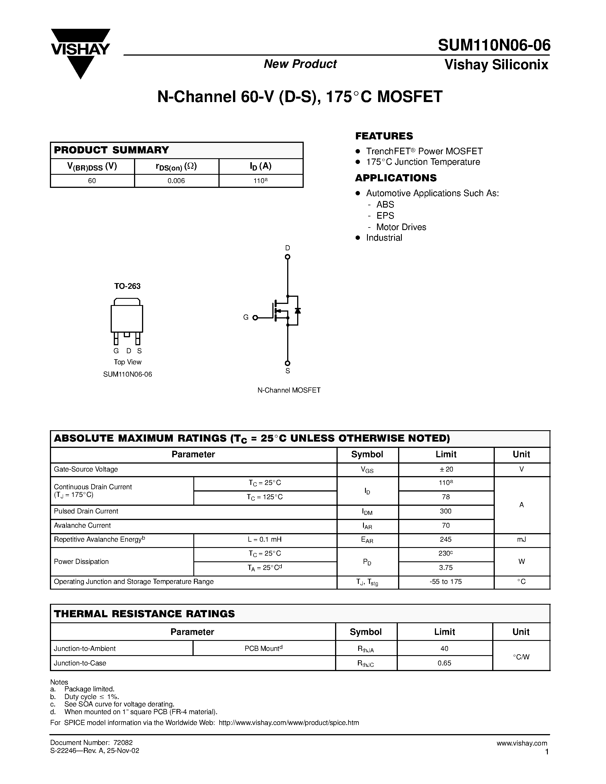 Даташит SUM110N06-06 - N-Channel 60-V (D-S) 175C MOSFET страница 1