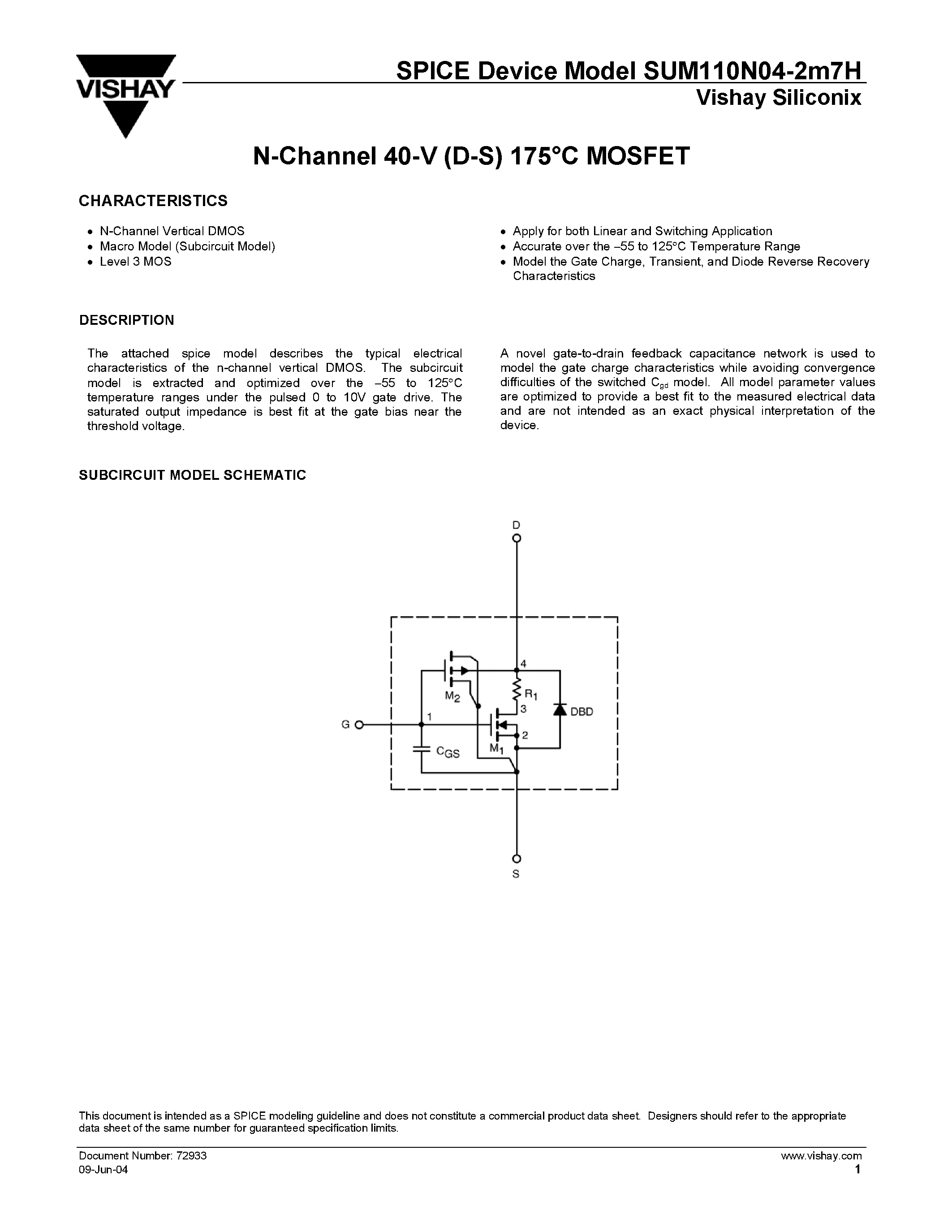 Даташит SUM110N04-2M7H - N-Channel 40-V (D-S) 175C MOSFET страница 1