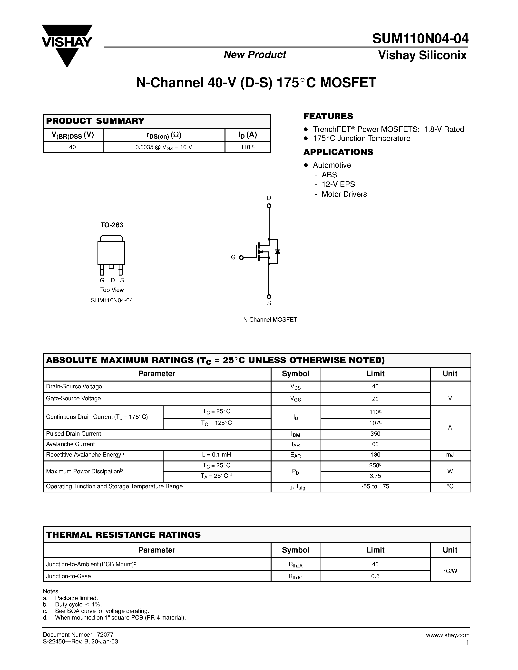 Даташит SUM110N04-04 - N-Channel 40-V (D-S) 175C MOSFET страница 1